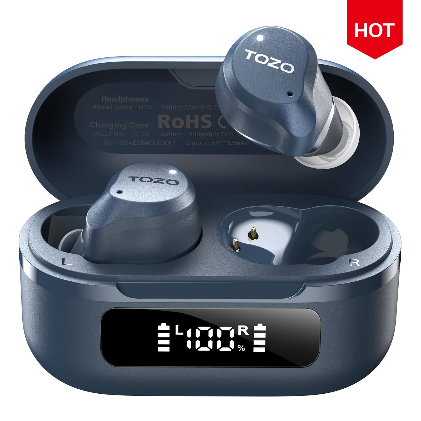 TOZO HOT Headphones  
Model Name: NC9  
Battery: 55mAh/3.7V  
Charging Case  
RoHS  
Model No.: T11124  
Battery: 500mAh/3.7V/1.8  
SN: 11124B2B4G000001  
Output: 5V/55mA-2