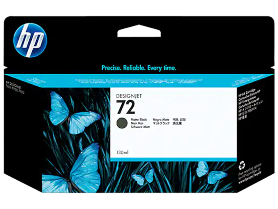 hp Precise. Reliable. Every time. 1 Teo. DESIGNUET Tmoo. TR2O ~ NRdie C.N UO. ALAINE DESIGNJET 72 Matte Black Negro Mate Noir Mot Schworz Matt Ji Cartridge Carouche de 130ml free recycling cartridges for HP