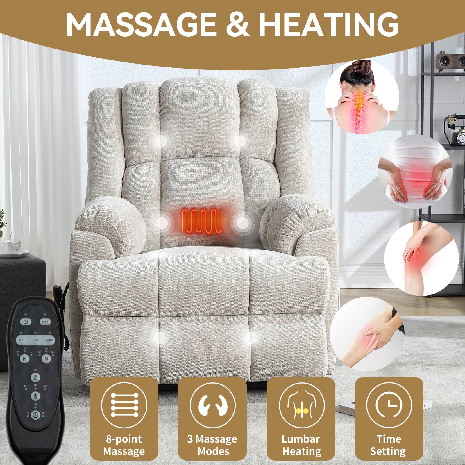 MASSAGE & HEATING

- 8-point Massage
- 3 Massage Modes
- Lumbar Heating
- Time Setting
