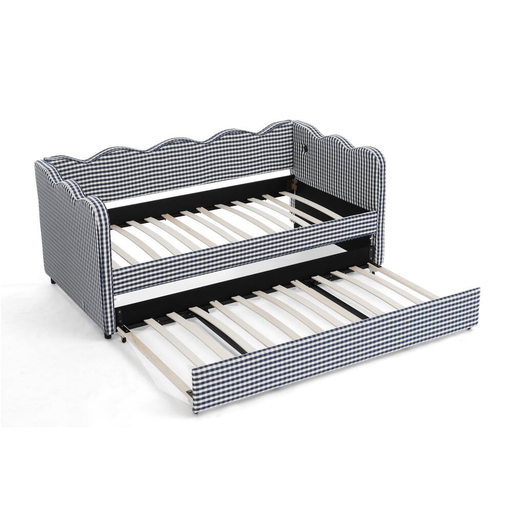 Alt View 5. JUJABU - Blue Cozy Gingham Daybed with Twin Size Trundle No Box Spring Needed, with USB Port and Adorable Wave Shaped - Blue.