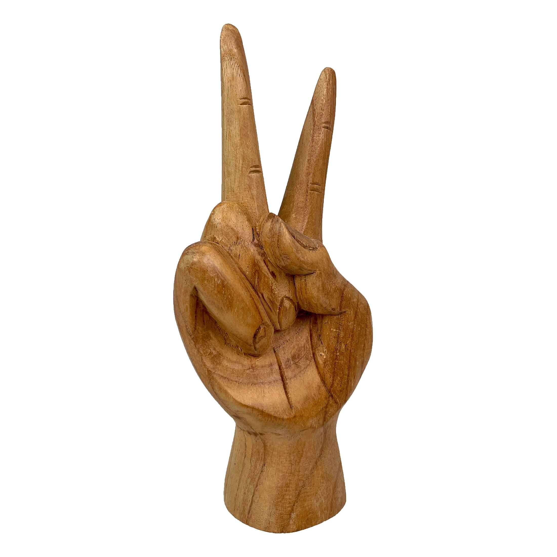 Alt View 1. Zeckos - Carved Wooden Peace Sign Hand Gesture Statue Natural Finish 7.75 Inches High - Brown.