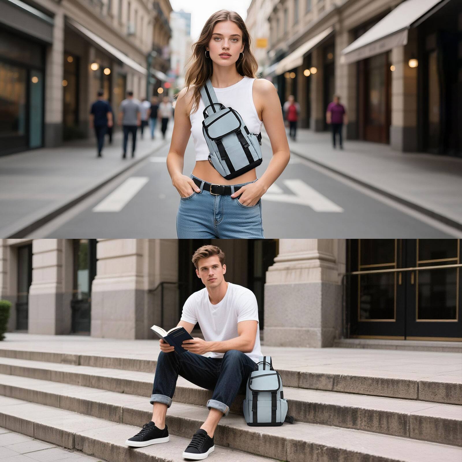 Alt View 5. Unique Bargains - Small Backpack Convertible Crossbody Bags with USB Charge Port Lightweight Casual Sling Shoulder for Outdoor Travel - Blue Gray.