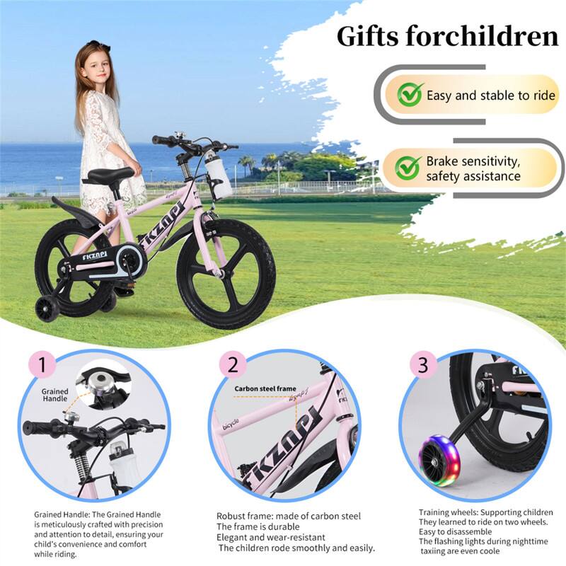 Gifts for children

Easy and stable to ride

Brake sensitivity, safety assistance

1. Grained Handle
   - The Grained Handle is meticulously crafted with precision and attention to detail, ensuring your child's convenience and comfort while riding.

2. Carbon steel frame
   - Robust frame: made of carbon steel
   - The frame is durable, elegant, and wear-resistant
   - The children rode smoothly and easily.

3. Training wheels
   - Supporting children to learn to ride on two wheels
   - Easy to disassemble
   - The flashing lights during nighttime taxiing are even cooler.