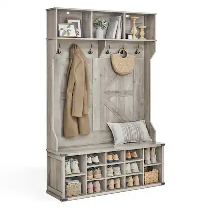 Front. Songmics Home - Farmhouse Style Hall Tree with Bench and Shoe Storage – 16 Open Compartments in Heather Greige - Greige.
