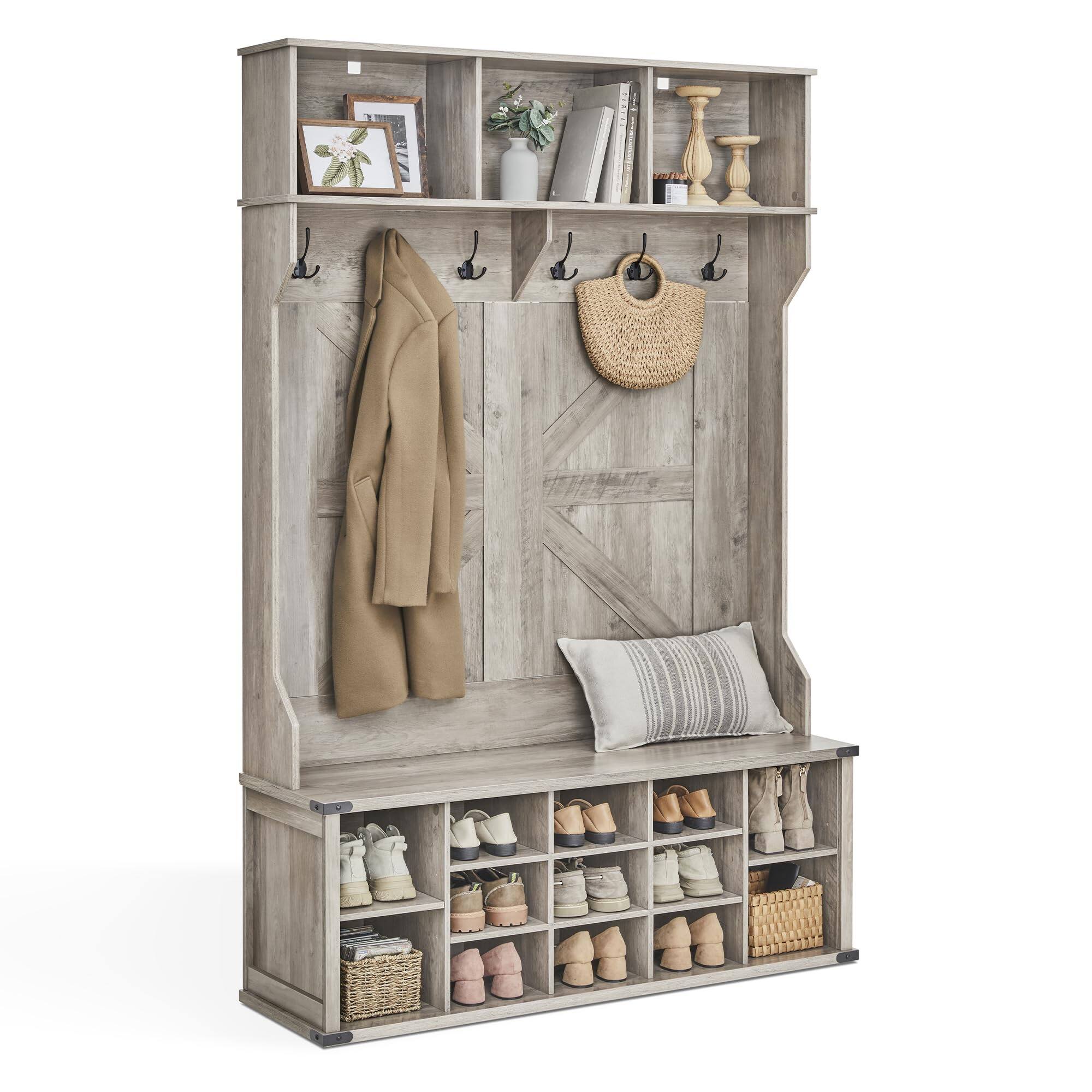 Front. Songmics Home - Farmhouse Style Hall Tree with Bench and Shoe Storage –  16 Open Compartments in Heather Greige - Greige.