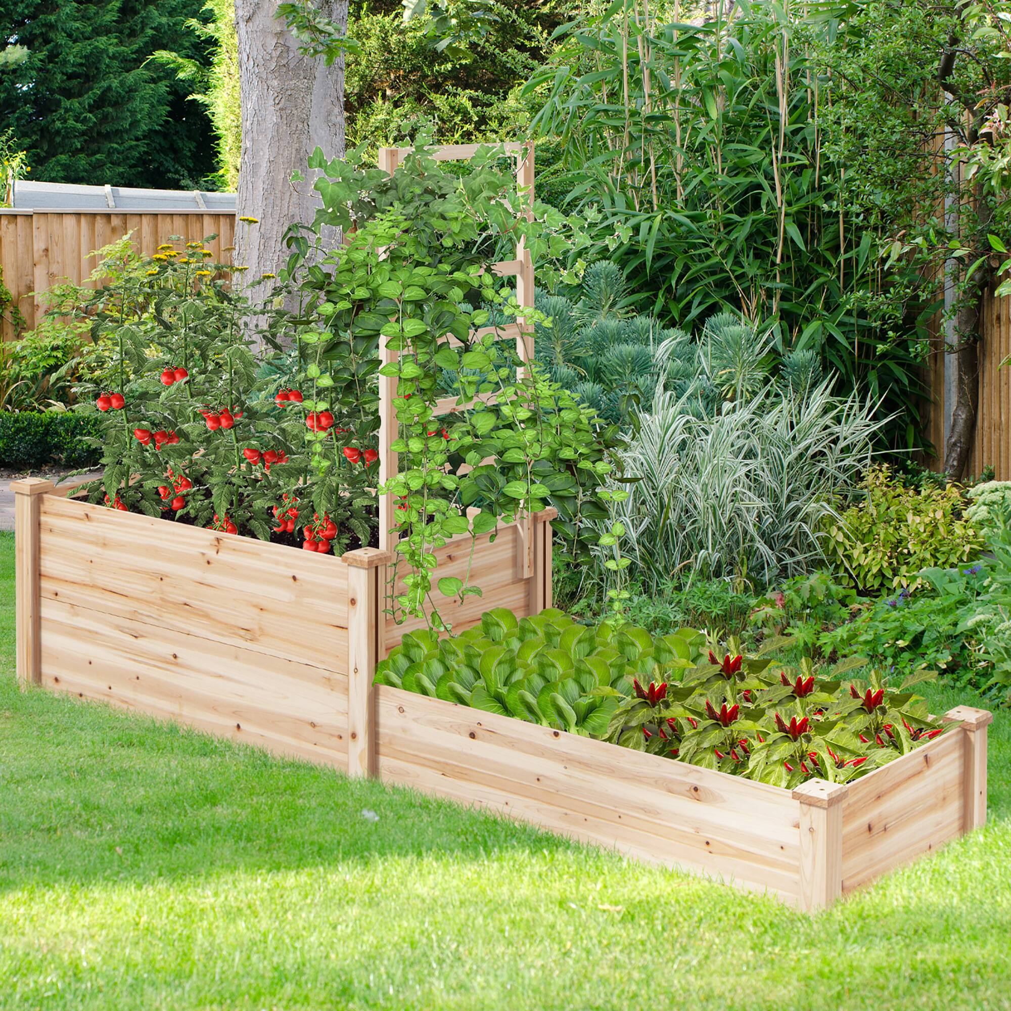 Alt View 3. Gymax - Gymax Raised Garden Bed w/ 2 Planter Boxes & Trellis Outdoor Wooden Planter Box Kit for Sapling - Natural.