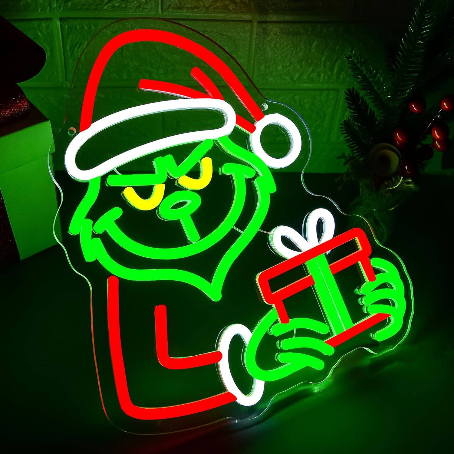 Front. PARKER SLATER - Christmas Neon Sign – Dimmable LED Wall Light for Holiday Decor - green and red.