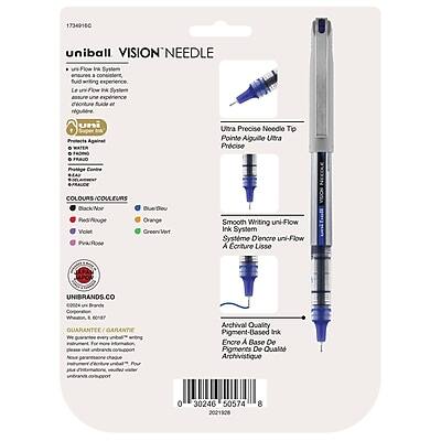 1734916C  
uniball VISION NEEDLE  

Flow In System  
a fluid writing experience  
Le P System une expérience d'écriture fluide  

Ultra Precise Needle Tip  
Pointe Aiguille Ultra Précise  

Smooth Writing uni-Flow Ink System  
Système D'encre uni-Flow  

Archival Quality Pigment-Based Ink  
Encre A Base De Pigments De Qualité Archivistique  

COLORS / COULEURS  
Red / Rouge  
Violet  
Pink / Rose  
Orange  
Green / Vert  

UNIBRANDS CO  
Corporation / Société  
We guarantee every "uni-ball" pen  
Nous garantissons chaque "uni-ball"  
www.uniball.com/support  
www.uniball.com/support  

0 30246 50574 2021908 8
