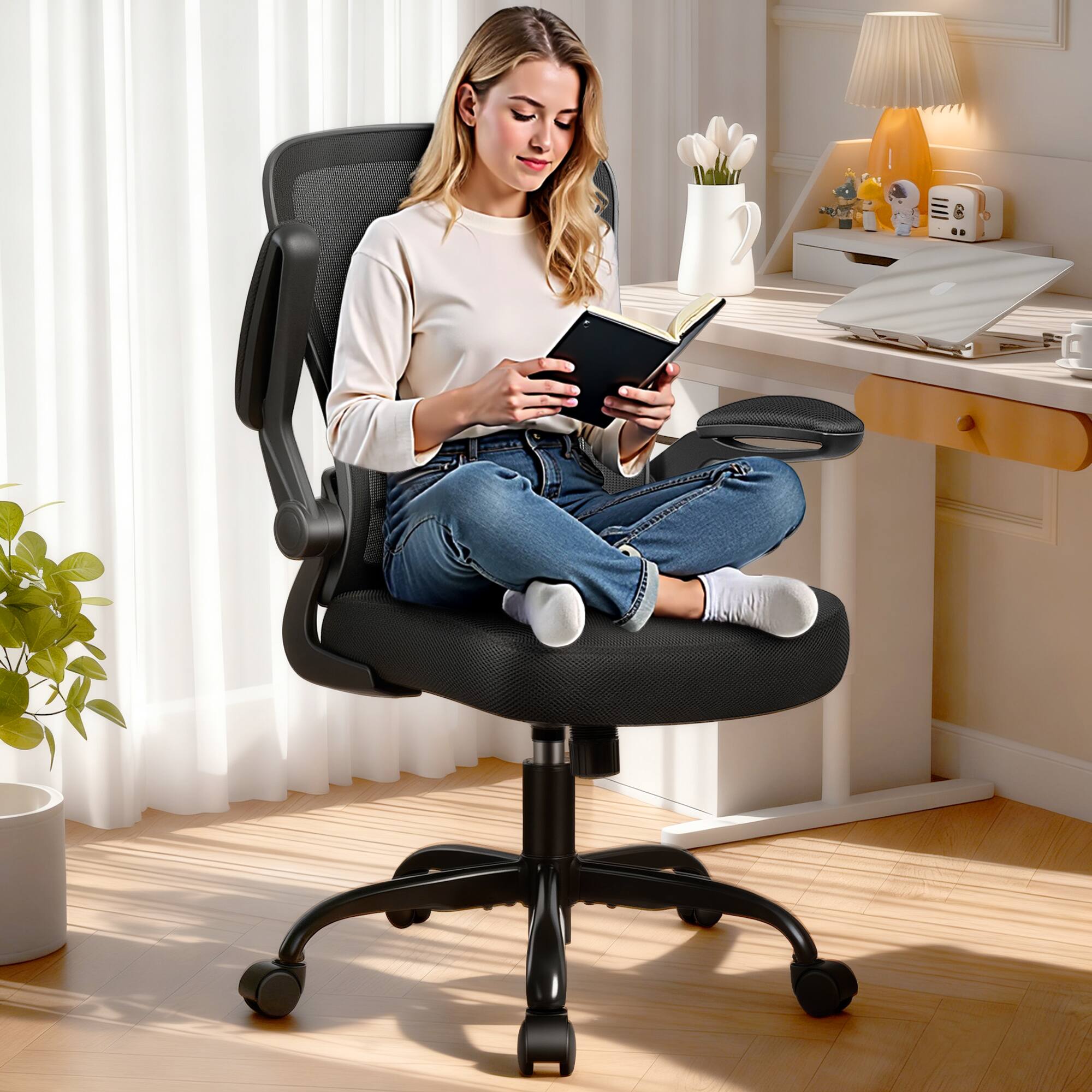 Angle. Brick Attic - Ergonomic Small Office Chair, Breathable Mesh Desk Chair, Computer Chair with Lumbar Support and Flip-up Armrests - Black.