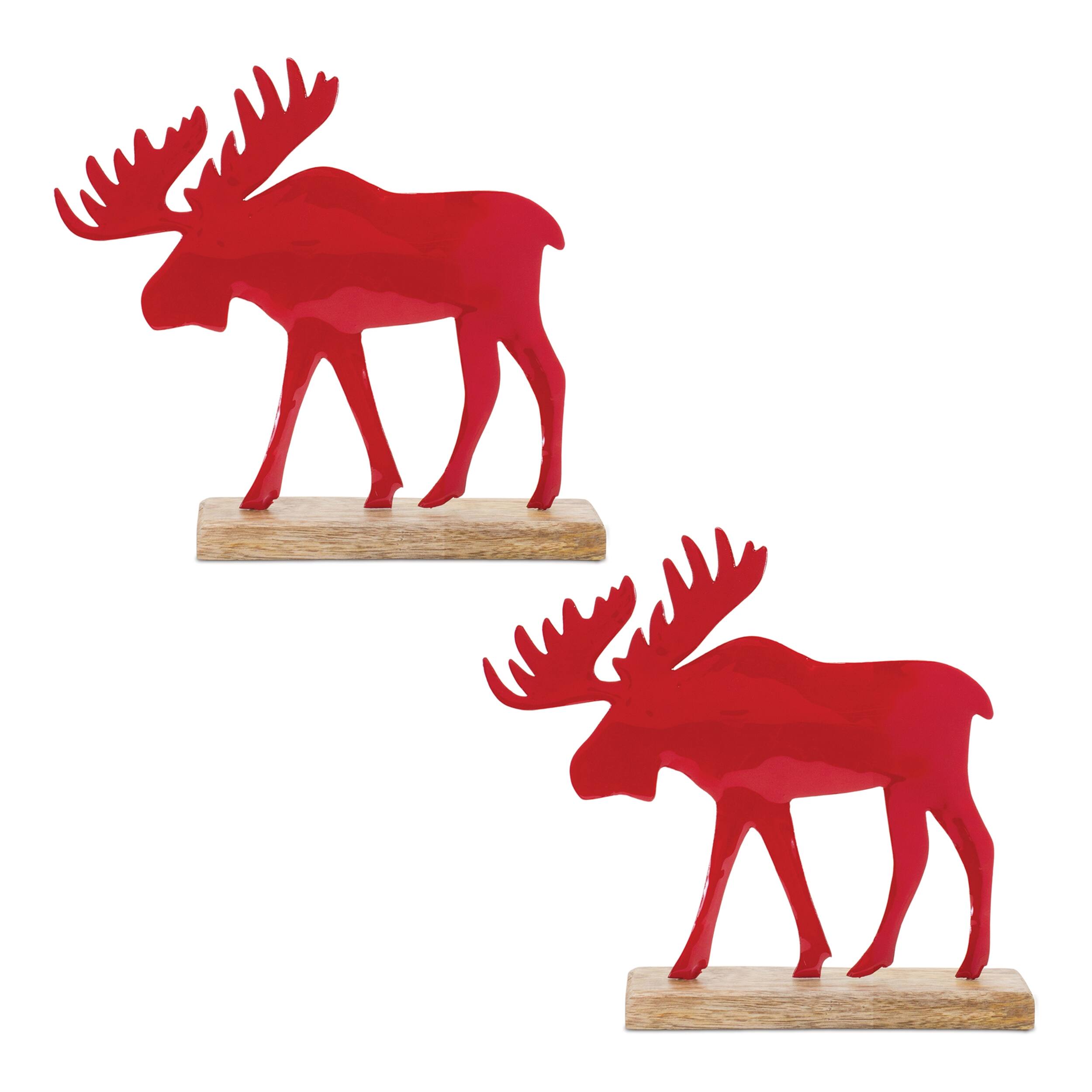 Angle. BreeBe - Metal Moose Silhouette with Wood Base (Set of 2) - Red, Brown.