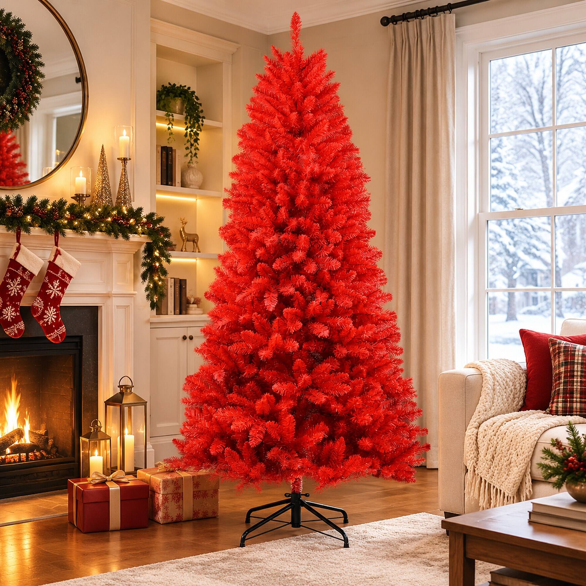Left. RYHNUYNE - 6 Ft Pure Red Artificial Christmas Tree With 804 Dense Tips, Hinged Branches Stable Metal Stand For Holiday Decor - Red.