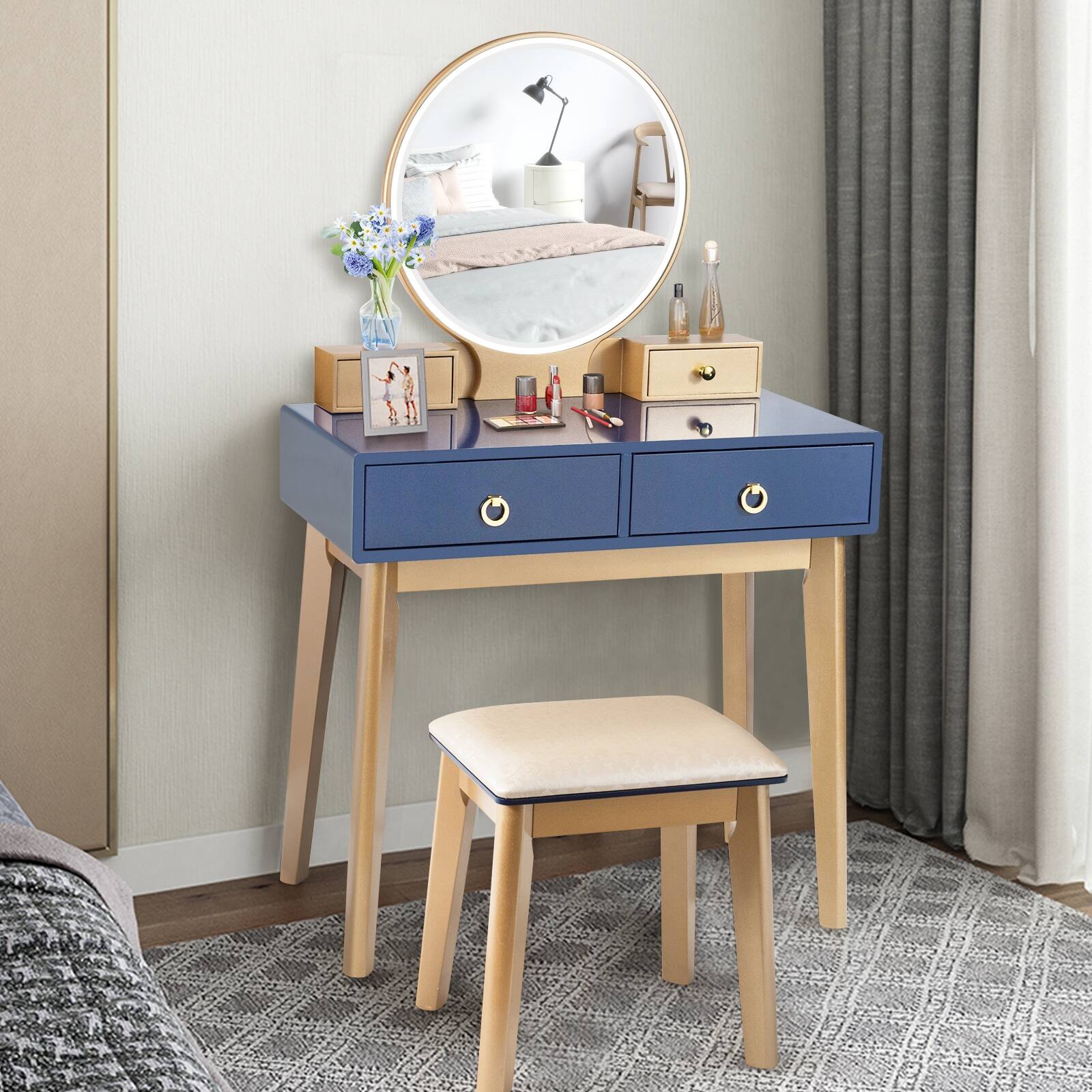 Alt View 9. Ecooso - Smart Makeup Vanity Desk with Adjustable Lighting Mirror and Hidden Storage System - Navy.