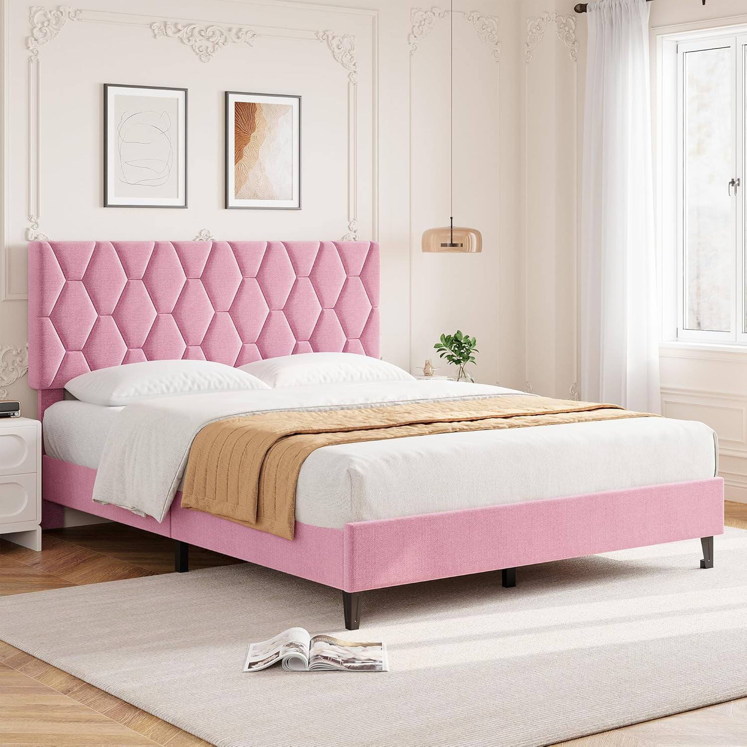 Front. Qeetex - Queen Platform Bed Frame with Upholstered Headboard, No Box Spring, Pink - Pink Queen.