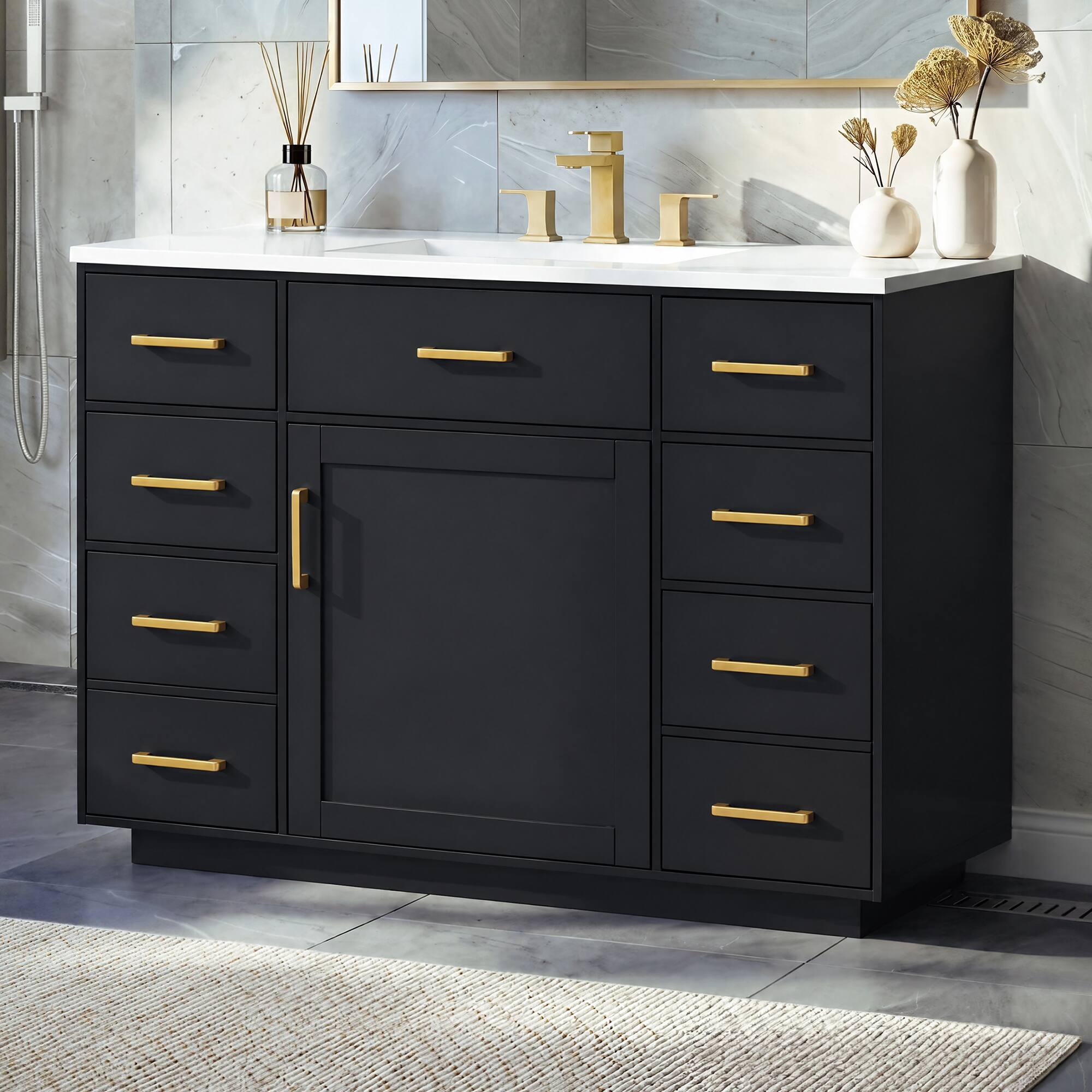 JUJABU - Freestanding 48'' Bathroom Vanity with Sink Top,7 Drawers,1 Door and Soft Close Hinges - Black