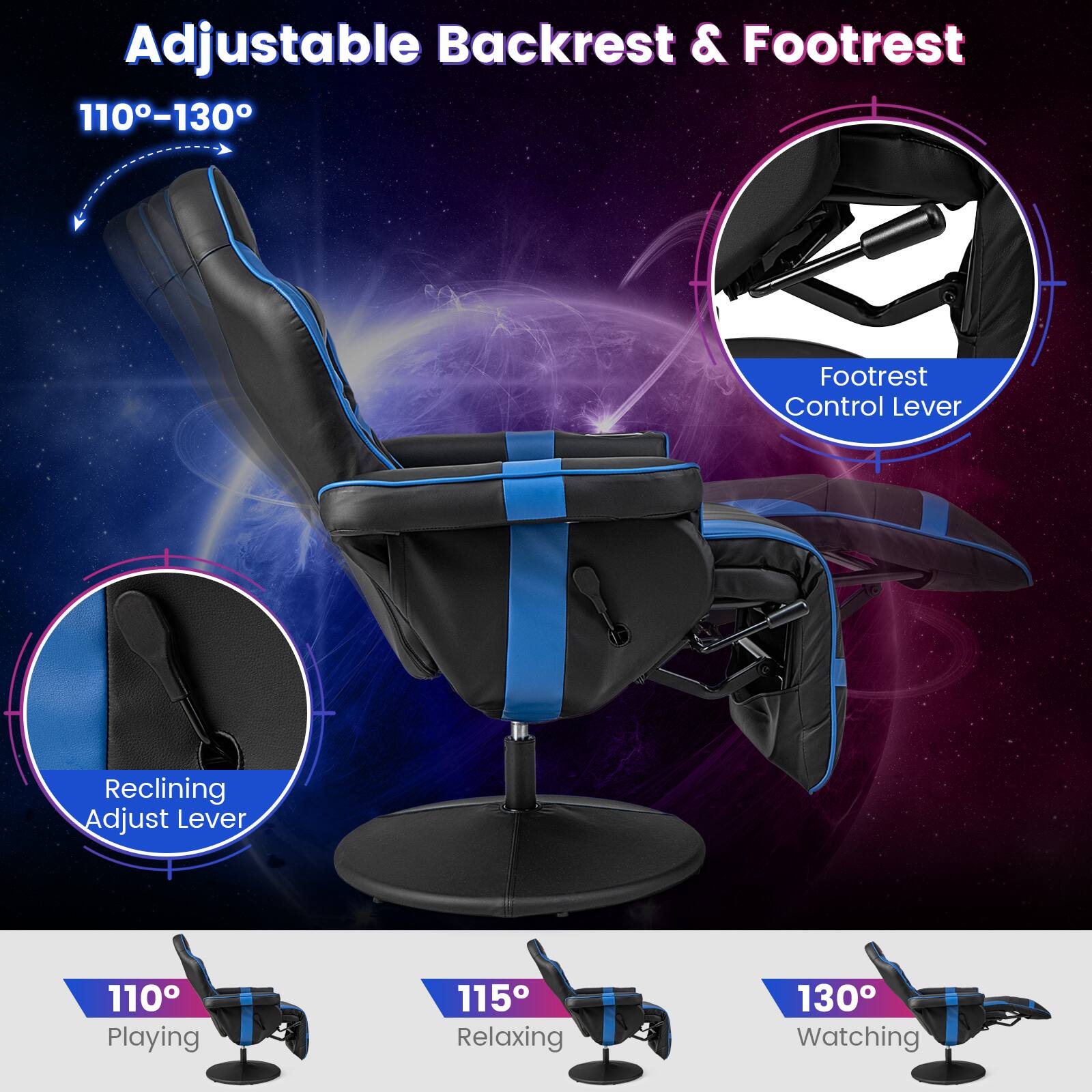 Adjustable Backrest & Footrest 110-130 Footrest Control Lever Reclining Adjust Lever 110 Playing 115 Relaxing 130 Watching