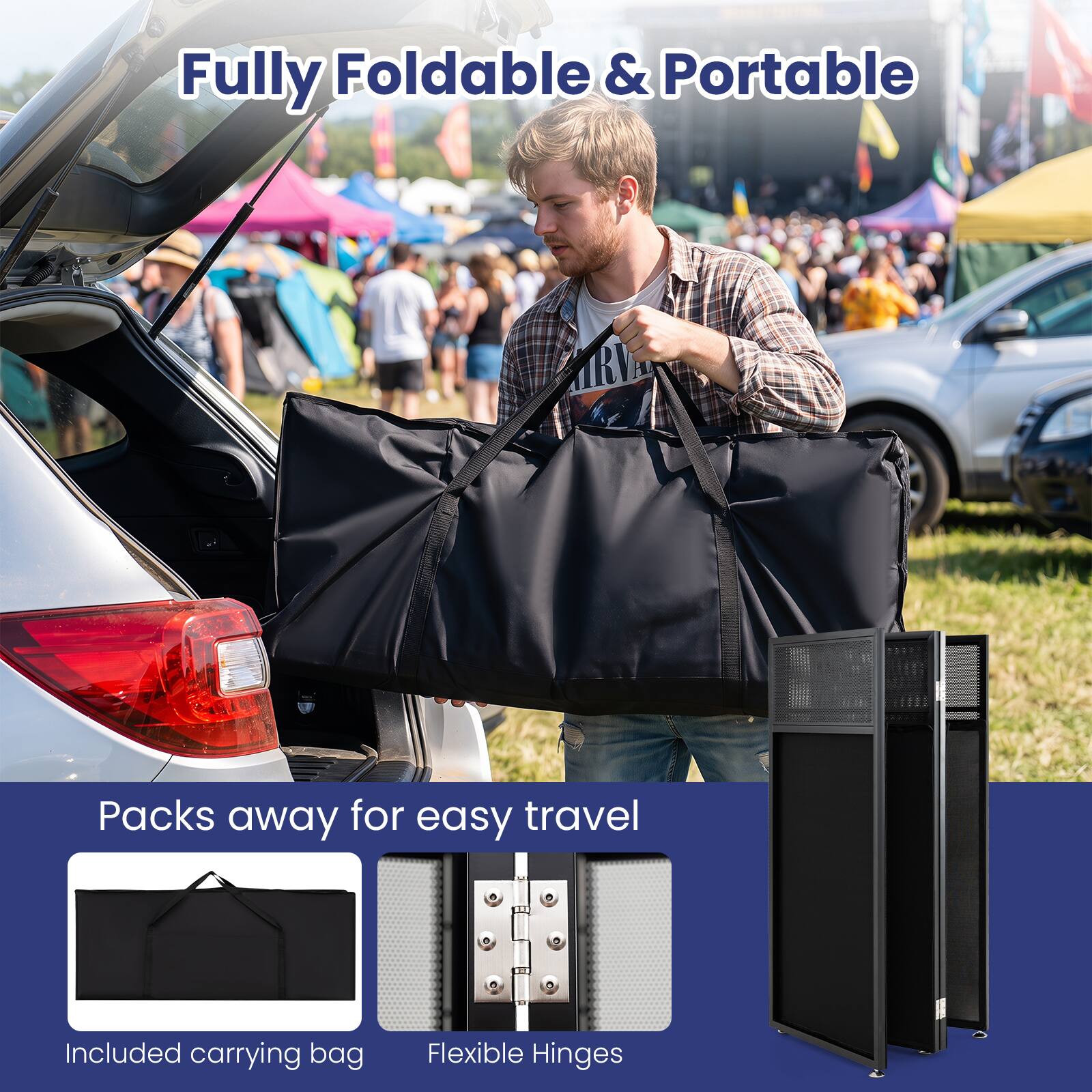 Fully Foldable & Portable

Packs away for easy travel

Included carrying bag

Flexible Hinges