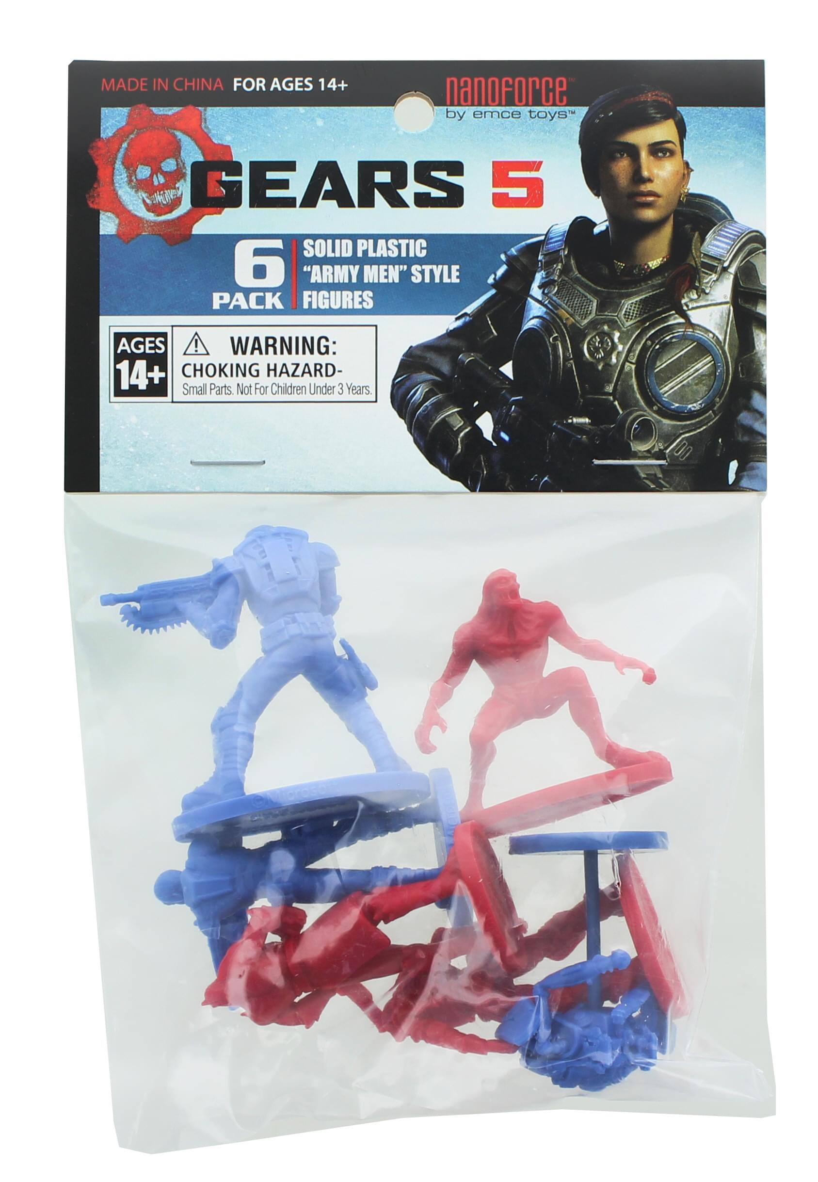 MADE IN CHINA FOR AGES 14+  
nanoforce by emce toys™  

GEARS 5  
GEARIC STYLE  

6 PACK  
SOLID PLASTIC  
"ARMY MEN" STYLE FIGURES  

AGES 14+  
WARNING: CHOKING HAZARD - Small Parts. Not For Children Under 3 Years