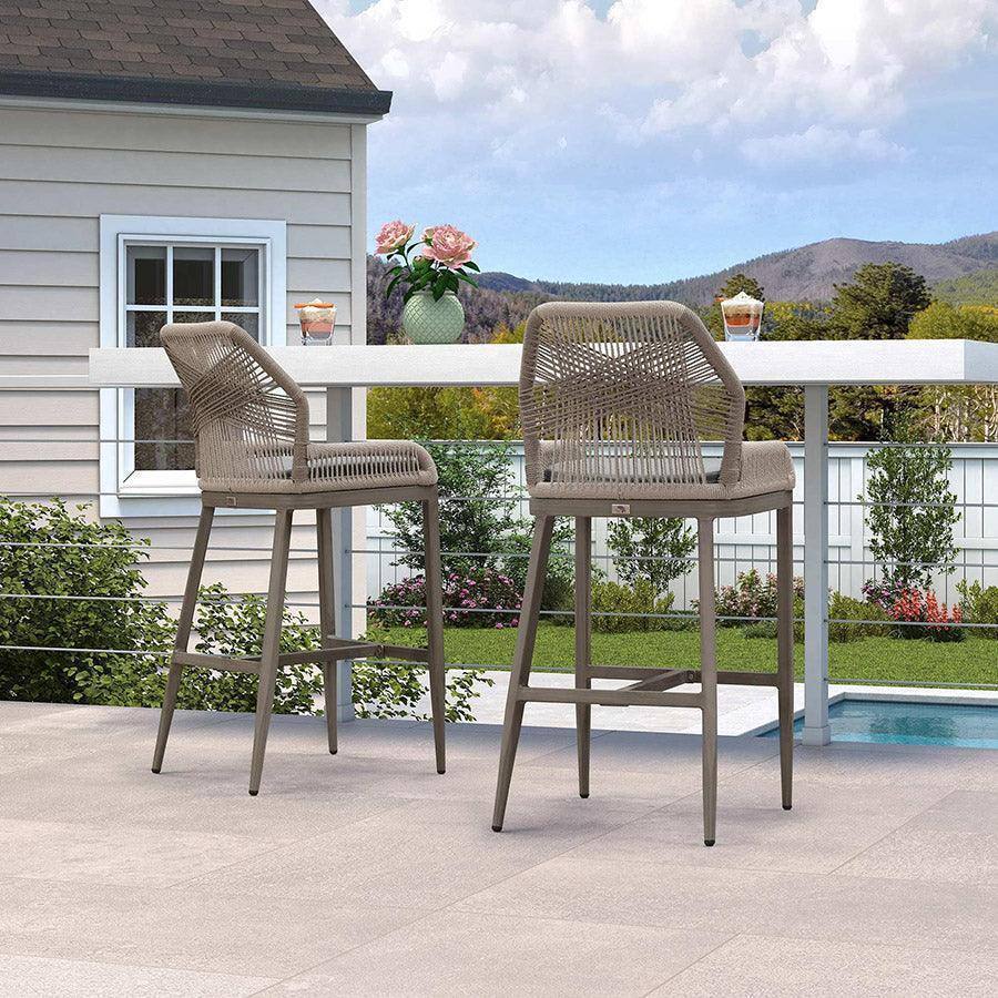 Alt View 1. PURPLE LEAF - Outdoor Sunbrella Bar Stool Set of 2, Wicker Rattan Bar stools with Back Aluminum Outside Garden Patio Bar Chairs - Light Grey & Grey-Bar Height.