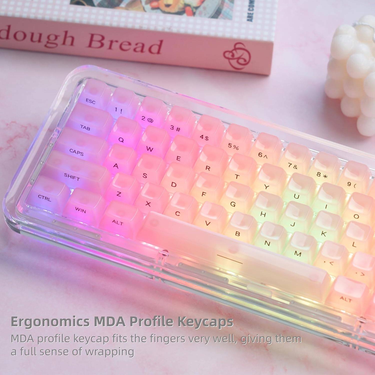 dough Bread

ESC 1! 2@ 3# 4$ 5% 6^ 7& 8* 9( 0( 

TAB Q W E R T Y U I O P

CAPS A S D F G H J K L

SHIFT Z X C V B N M

CTRL ALT WIN

Ergonomics MDA Profile Keycaps

MDA profile keycap fits the fingers very well, giving them a full sense of wrapping