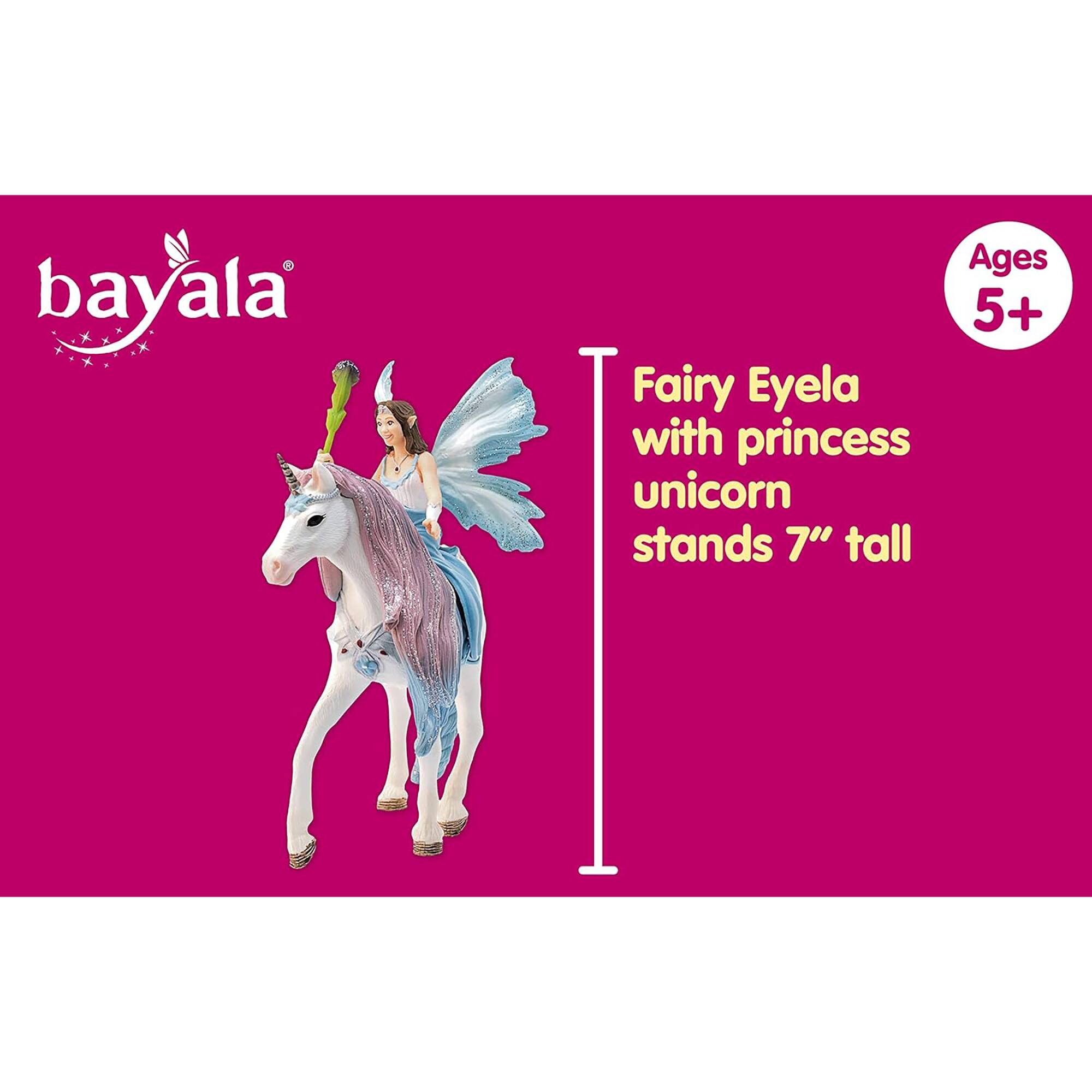 Bayala is a toy brand that offers a Fairy Eyela with a princess unicorn for children aged 5 and above. The toy stands at a height of 7 inches.