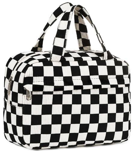 Front. ESBANY - Makeup Bag for Women Cosmetic Bag Large Make Up Organizer Travel Toiletry Bags Waterproof Zipper Tote Pouch Purse for - Corduroy-brown white checkerboard.