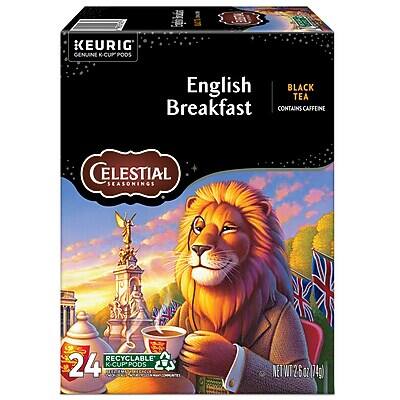 KEURIG GENUINE K-CUP PODS  
English Breakfast  
BLACK TEA  
CONTAINS CAFFEINE  
CELESTIAL SEASONINGS  
RECYCLABLE  
24 K-CUP PODS  
NET WT 26 OZ (74g)