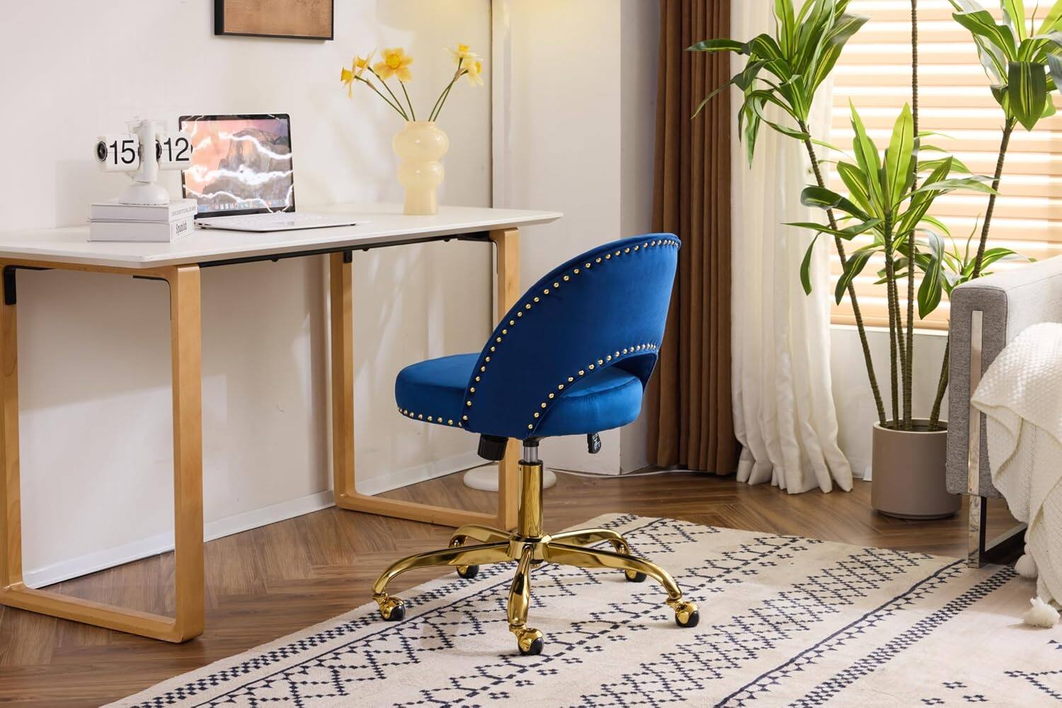 Alt View 8. Winado - Modern Velvet Cute Desk Chair with Wheels,Gold Base/Studs, Comfy Armless Swivel Vanity Task Nail Tech Chair for Bedroom - Navy Blue.