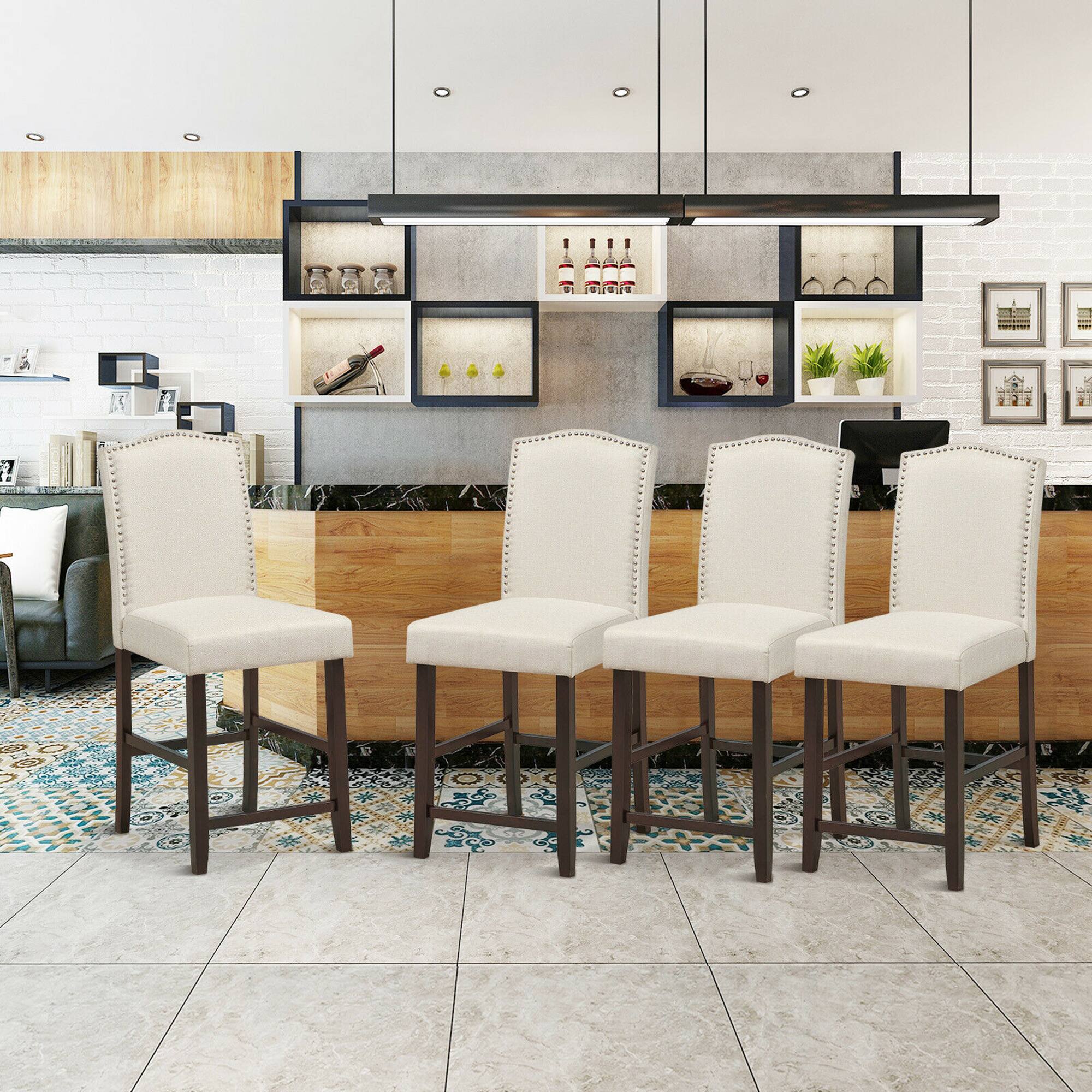 Alt View 2. Gymax - Gymax Set of 4 Fabric Barstools Nail Head Trim Counter Height Dining Side Chairs Beige - Beige.