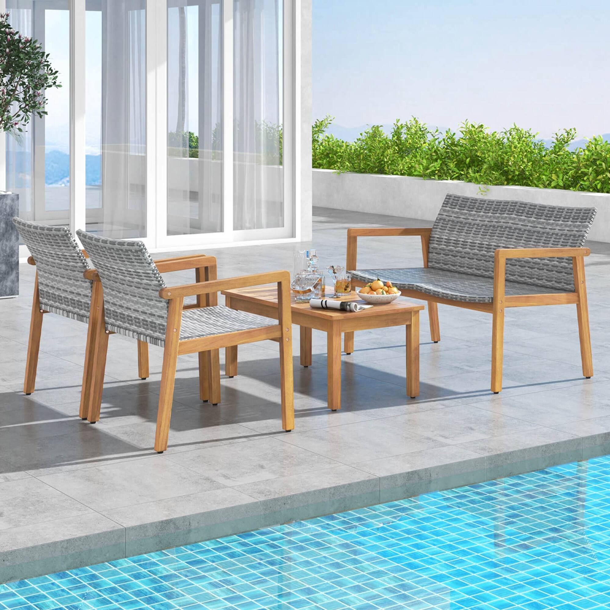 Alt View 4. Costway - Costway 4 PCS Outdoor Furniture Set, Acacia Wood Frame Sofa Set with Rattan Seat - Gray.