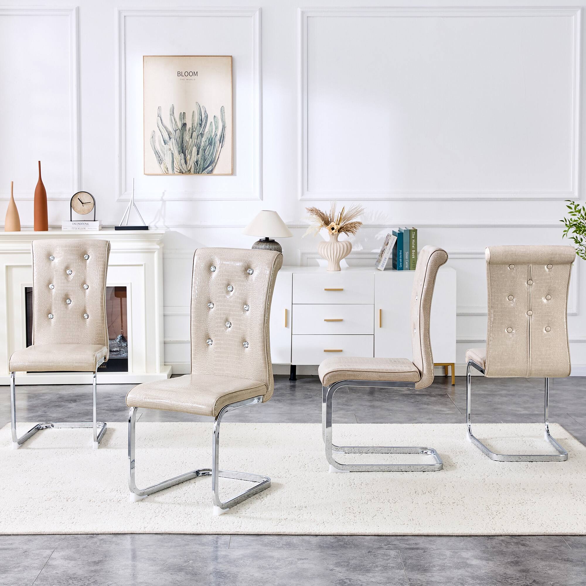 Left. Loheer - Elegant Faux Leather Dining Chairs Set of 4 Crystal Tufted Cantilever Metal Leg 1.37x1.87x3.30 ft - Beige.