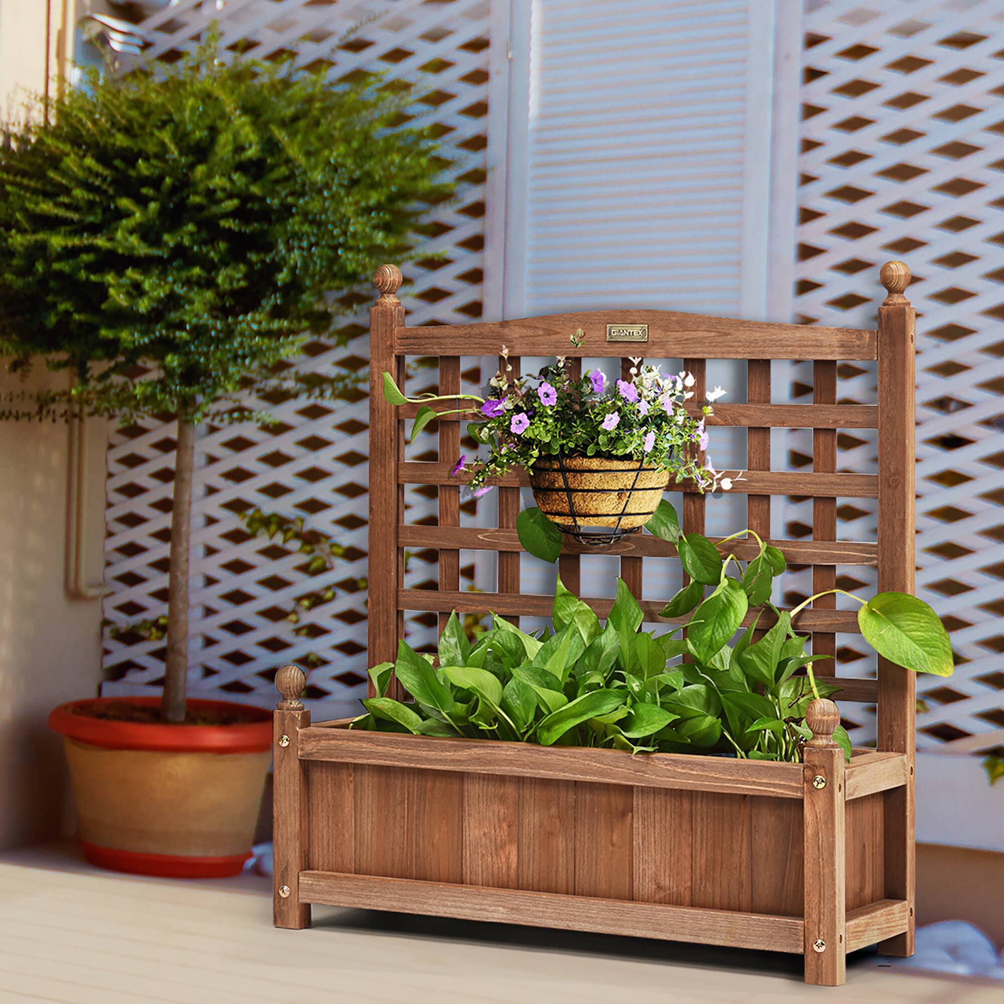 Alt View 7. Costway - 2 PCS Solid Wood Planter Box with Trellis Weather-Resistant 25"x11"x30" - Dark brown.