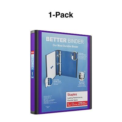 1-Pack  
BETTER BINDER  
Our Most Durable Binder  

Staples  
Lasting Performance, Flexible Spine  
1"  
Capacity 275 sheets