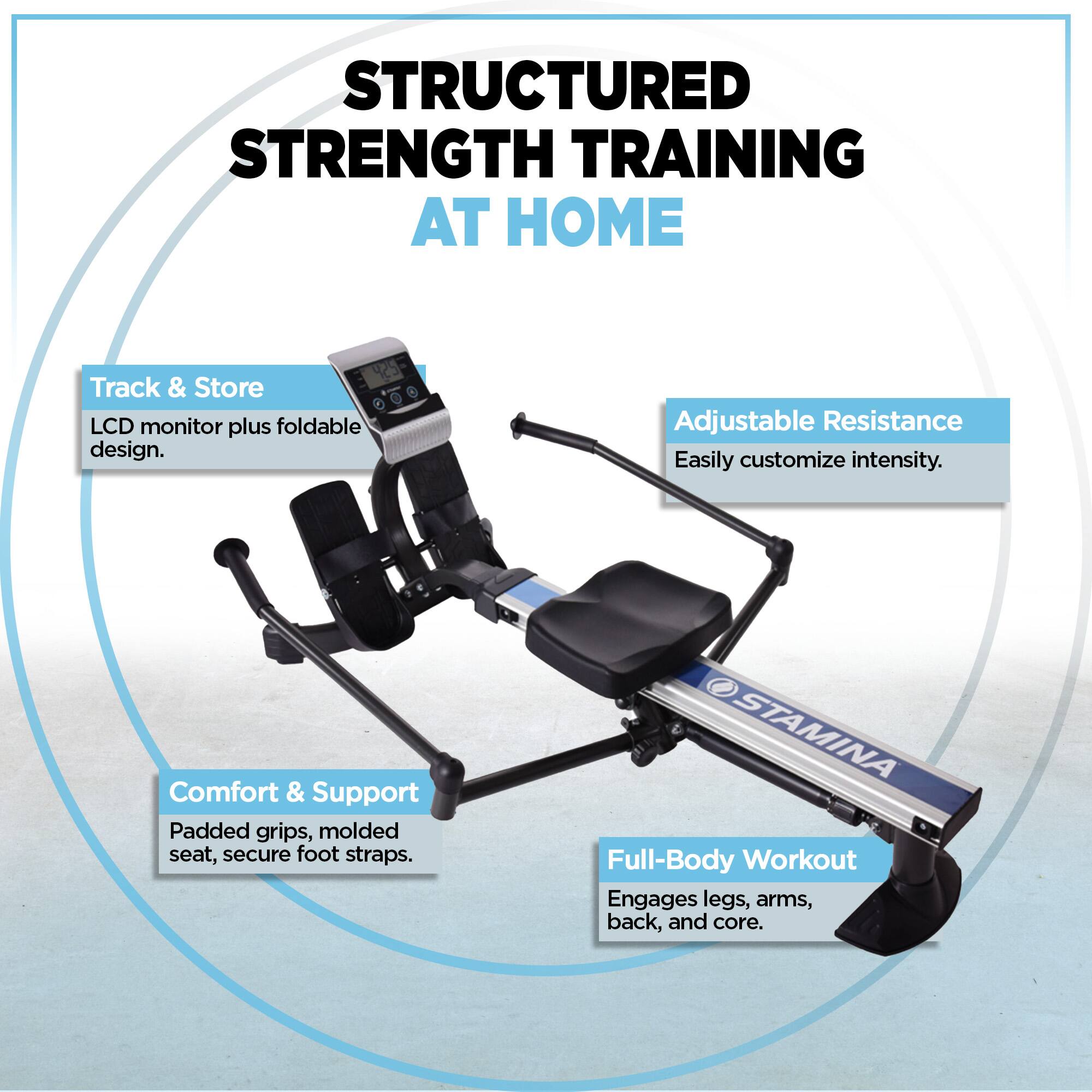 STRUCTURED STRENGTH TRAINING AT HOME

- Track & Store: LCD monitor plus foldable design.
- Adjustable Resistance: Easily customize intensity.
- Comfort & Support: Padded grips, molded seat, secure foot straps.
- Full-Body Workout: Engages legs, arms, back, and core.