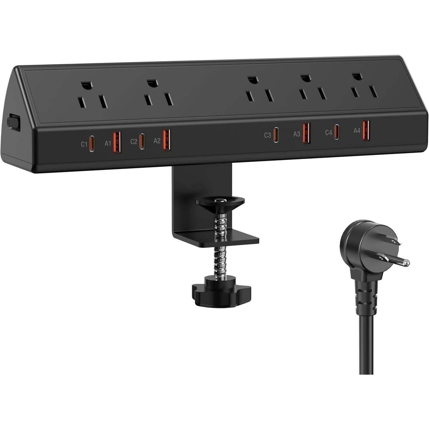 Front. PARKER SLATER - 65W Desk Clamp Power Strip with 4 USB-C PD Ports & 5 Outlets, Surge Protector, 15A Heavy-Duty, 6FT Cord (Black) - Black.