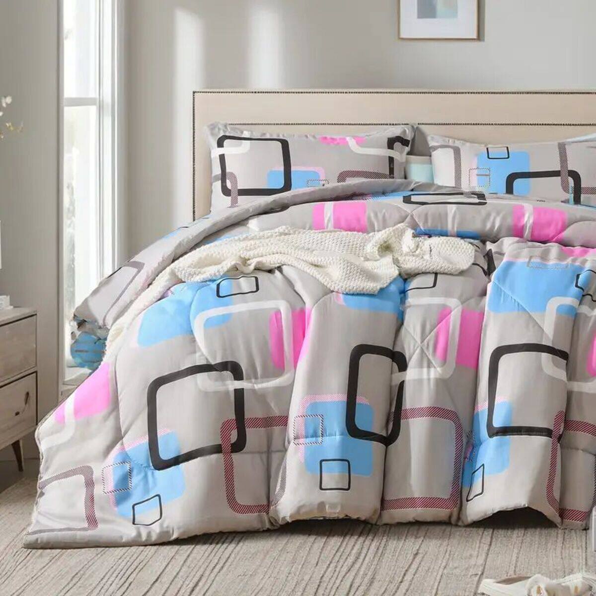 Back. Shatex - Gray geometric pattern twin 2 pieces comforter set, minimalist modern bedding - gray.