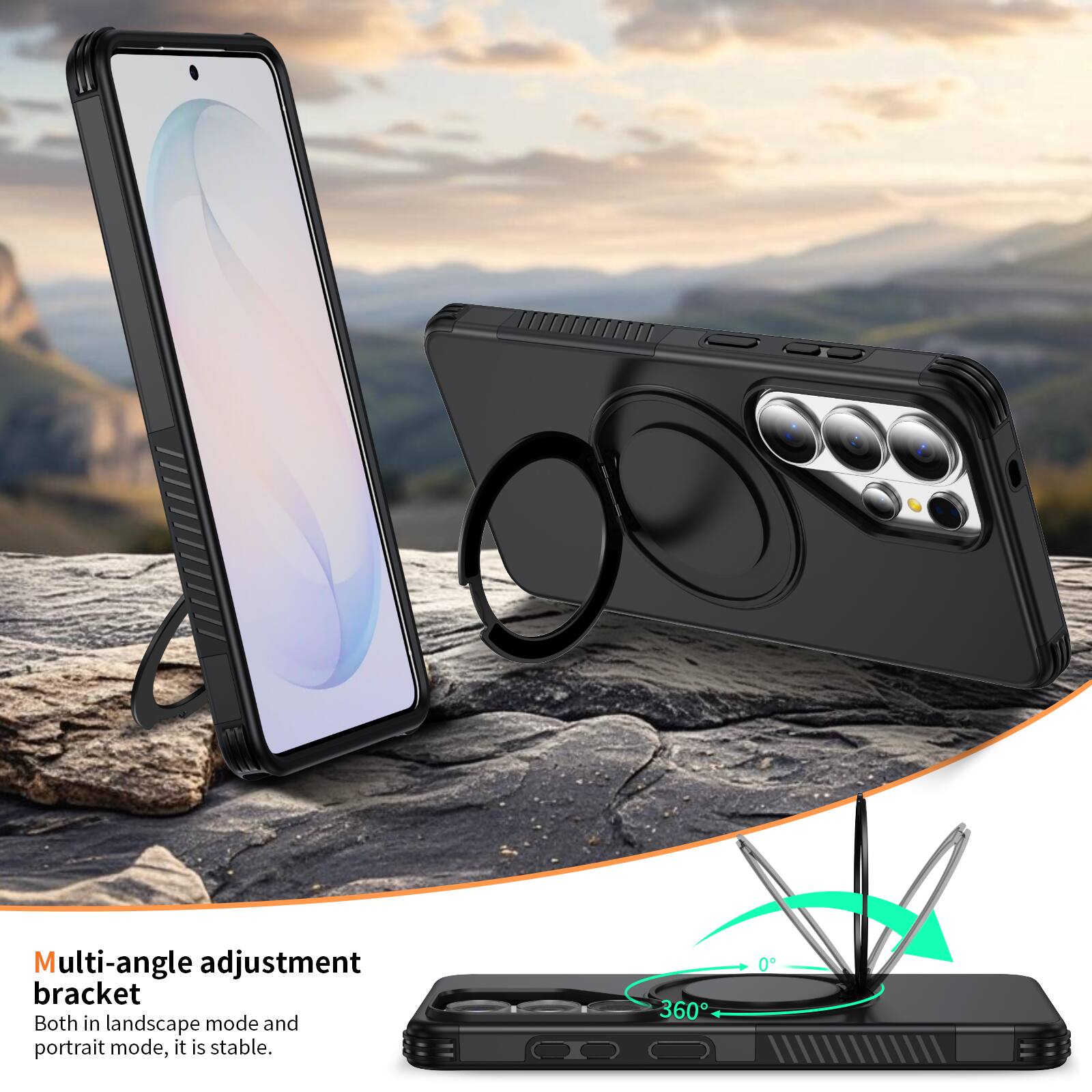 Multi-angle adjustment bracket  
Both in landscape mode and portrait mode, it is stable.  
360°