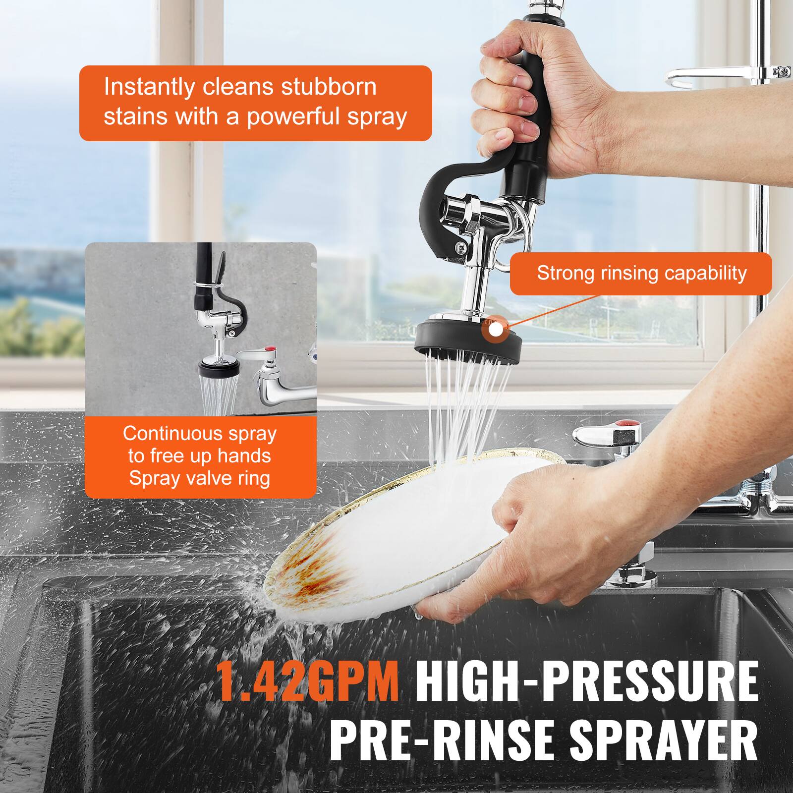 - Instantly cleans stubborn stains with a powerful spray
- Strong rinsing capability
- Continuous spray to free up hands
- Spray valve ring
- 1.42GPM HIGH-PRESSURE PRE-RINSE SPRAYER