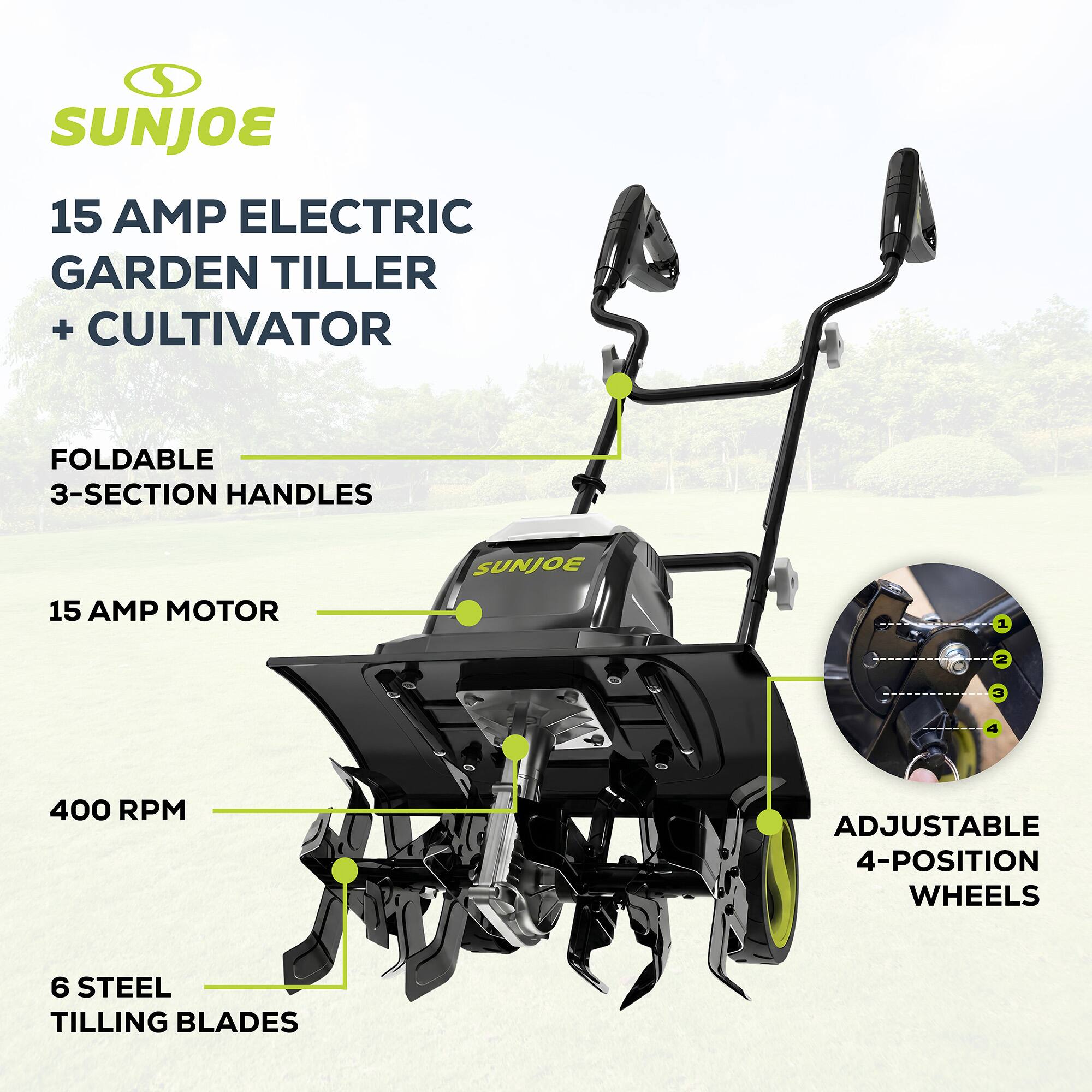 Sun Joe Electric Garden Tiller Cultivator, Steel Tines, 15 Amp