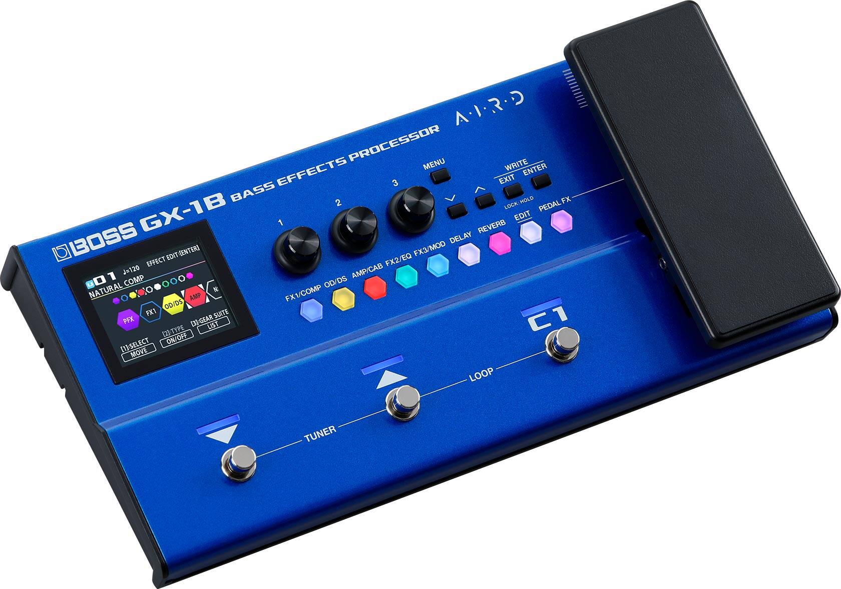 A PROCESSOR MENU WRITE ENTER EFFECTS 3 EXIT BASS 2 LOCK-HOLD HOLD FX LOCK PEDAL GX-1B 1 REVERB EDIT BOSS DELAY EDIT-ENTERI FX3/MOD EFFECT FX2/EQ =120 AMP/CAB 01 COMP OD/DS NATURAL AMP FX1/COMP 0D/DS FX1 SUITE PFX (2)-TYPE (3SGEAR LIST 1 [TISELECT ON/OFF MOVE LOOP TUNER