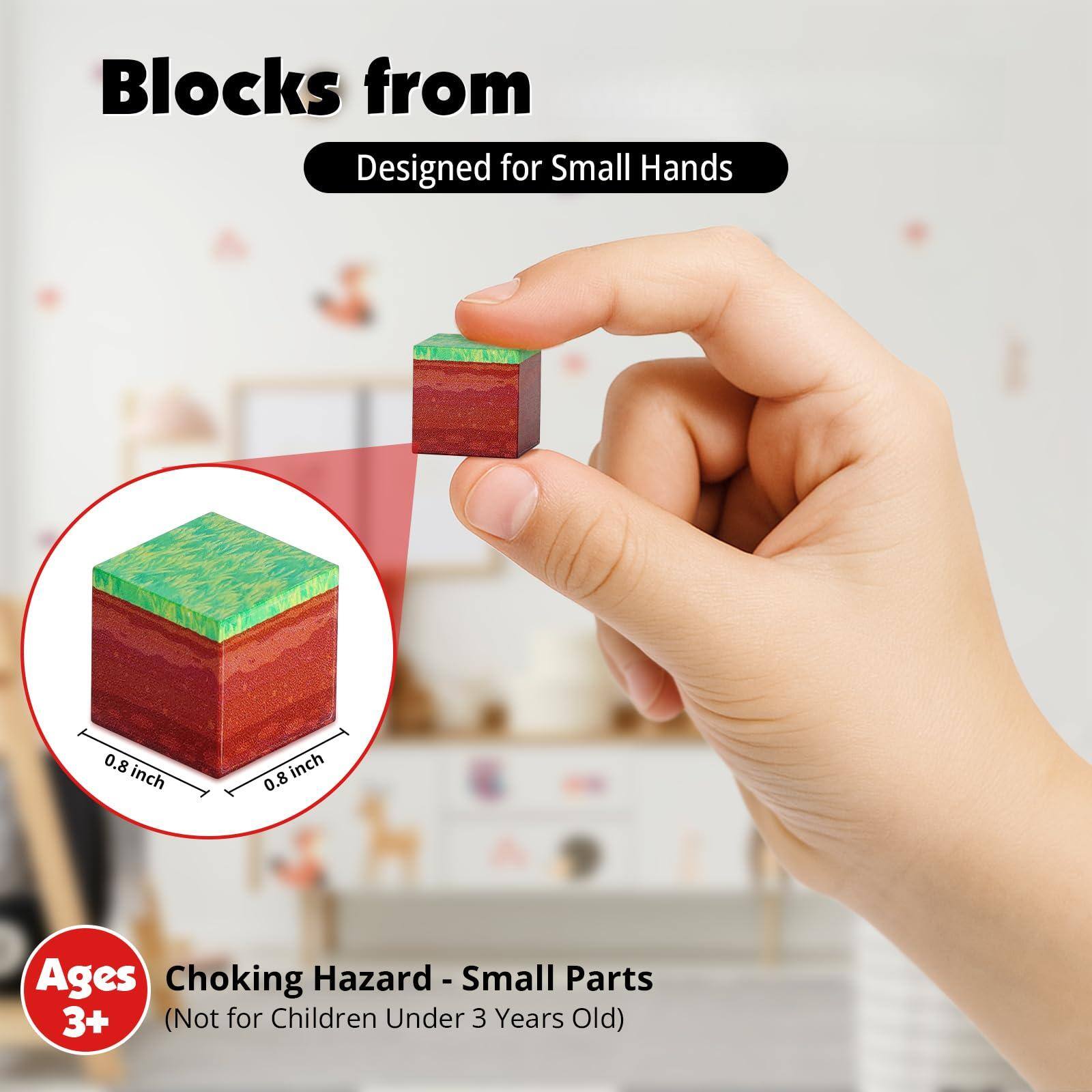 Blocks from  
Designed for Small Hands  

0.8 inch x 0.8 inch  

Ages 3+  
Choking Hazard - Small Parts  
(Not for Children Under 3 Years Old)