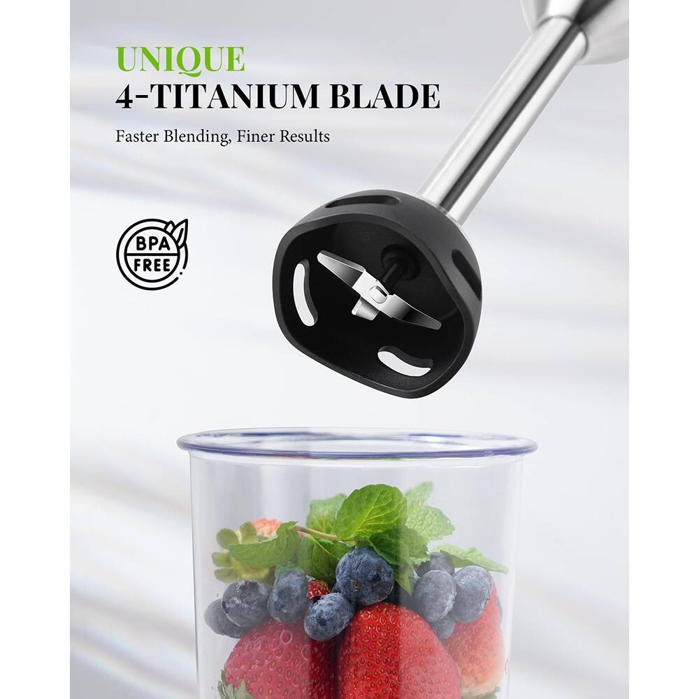UNIQUE  
4-TITANIUM BLADE  
Faster Blending, Finer Results  

BPA FREE