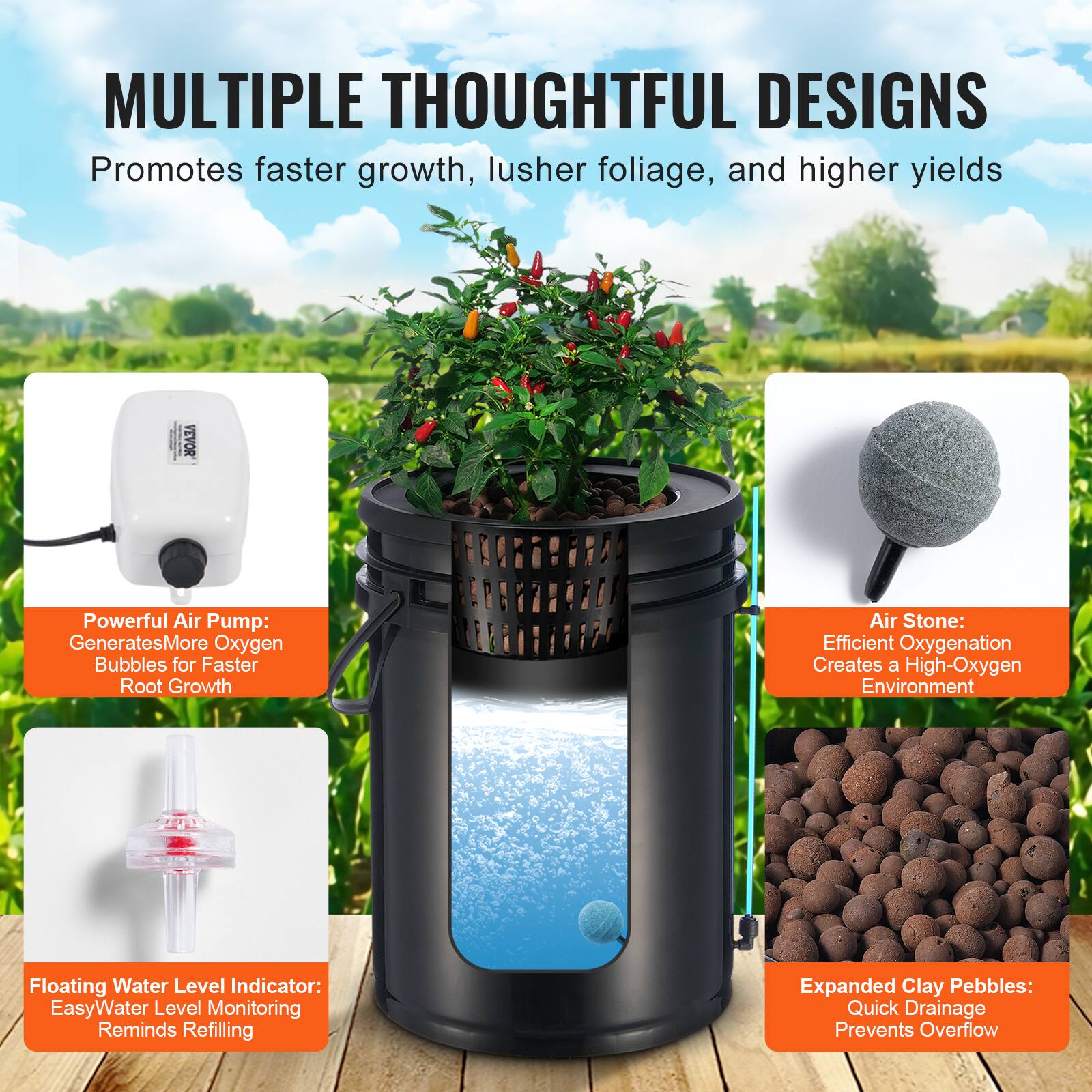 MULTIPLE THOUGHTFUL DESIGNS  
Promotes faster growth, lusher foliage, and higher yields  

- Powerful Air Pump: Generates More Oxygen Bubbles for Faster Root Growth  
- Air Stone: Efficient Oxygenation Creates a High-Oxygen Environment  
- Floating Water Level Indicator: Easy Water Level Monitoring Reminds Refilling  
- Expanded Clay Pebbles: Quick Drainage Prevents Overflow