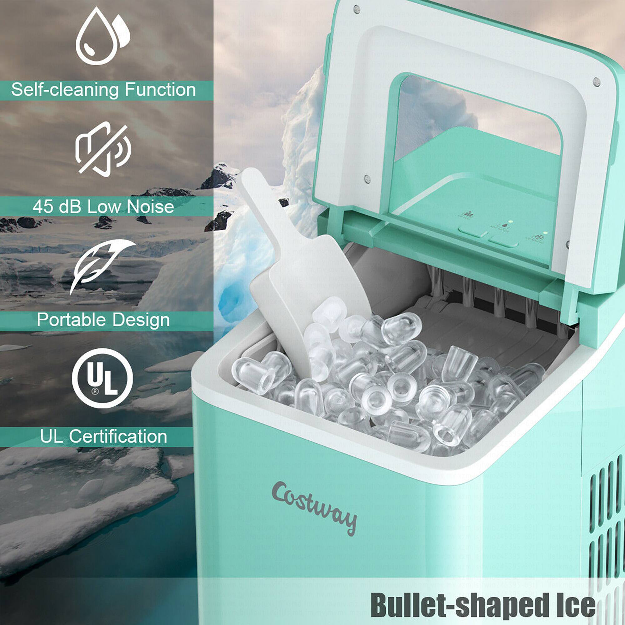 The text on the image reads: "Self-cleaning Function 45 dB Low Noise Portable Design UL UL Certification Costway Bullet-shaped Ice."