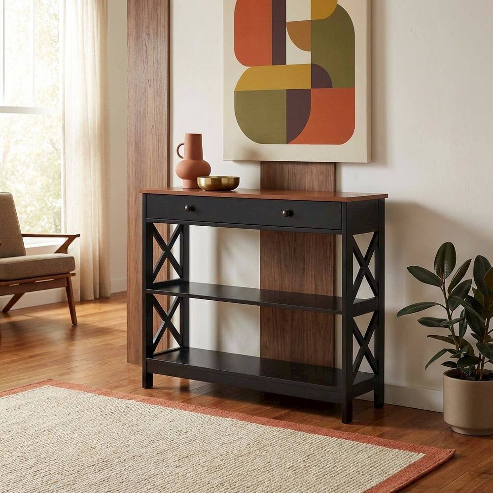 Alt View 2. FurniFact - Wooden 1-Drawer Console Table with Shelves and Modern Design - Cherry/Black.