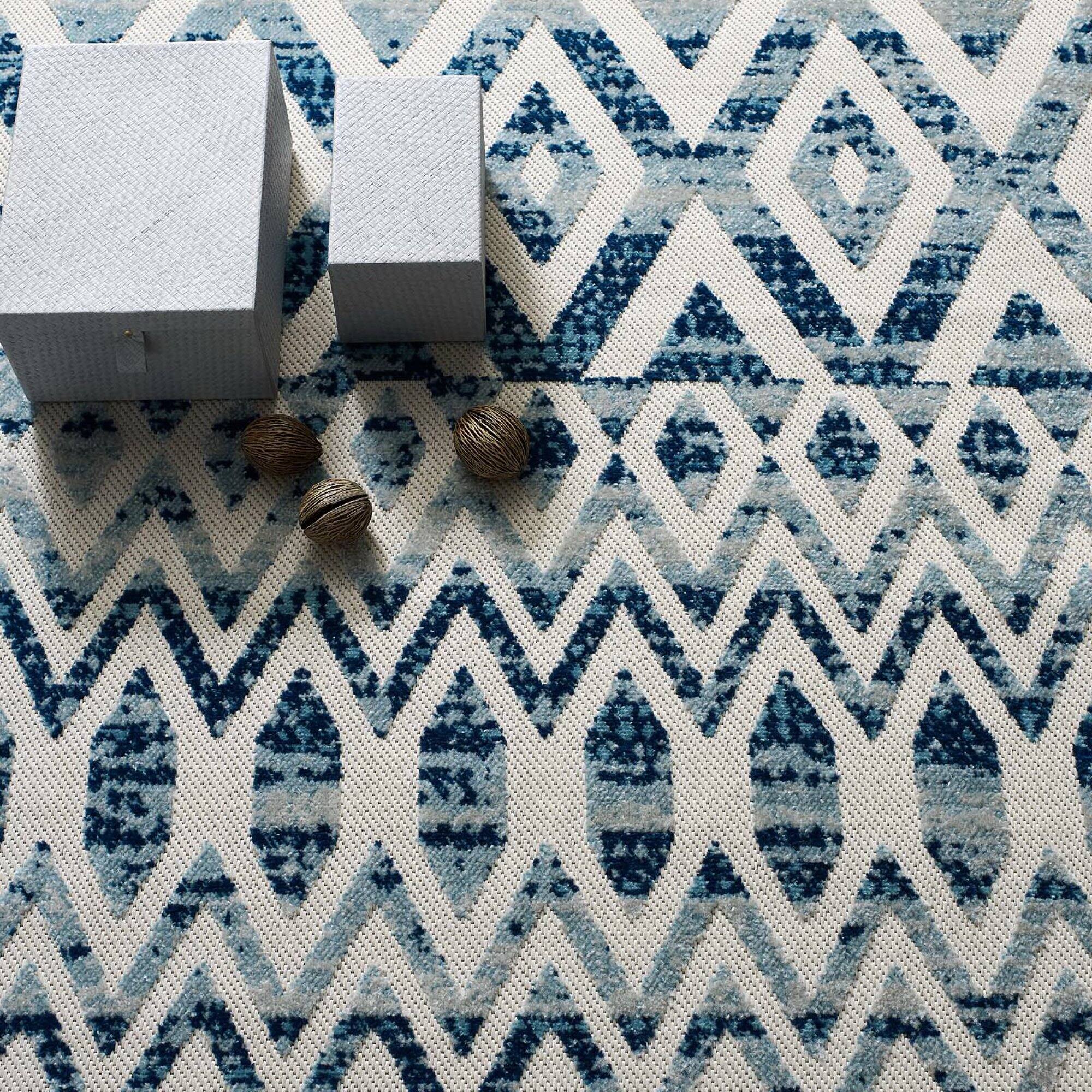 Back. Modway - Reflect Tamako Diamond and Chevron Moroccan Trellis Indoor / Outdoor Area Rug - Ivory and Blue.