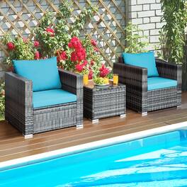 Gymax - 3PCS Rattan Patio Conversation Furniture Set Outdoor Yard w/ Cushion - Turquoise