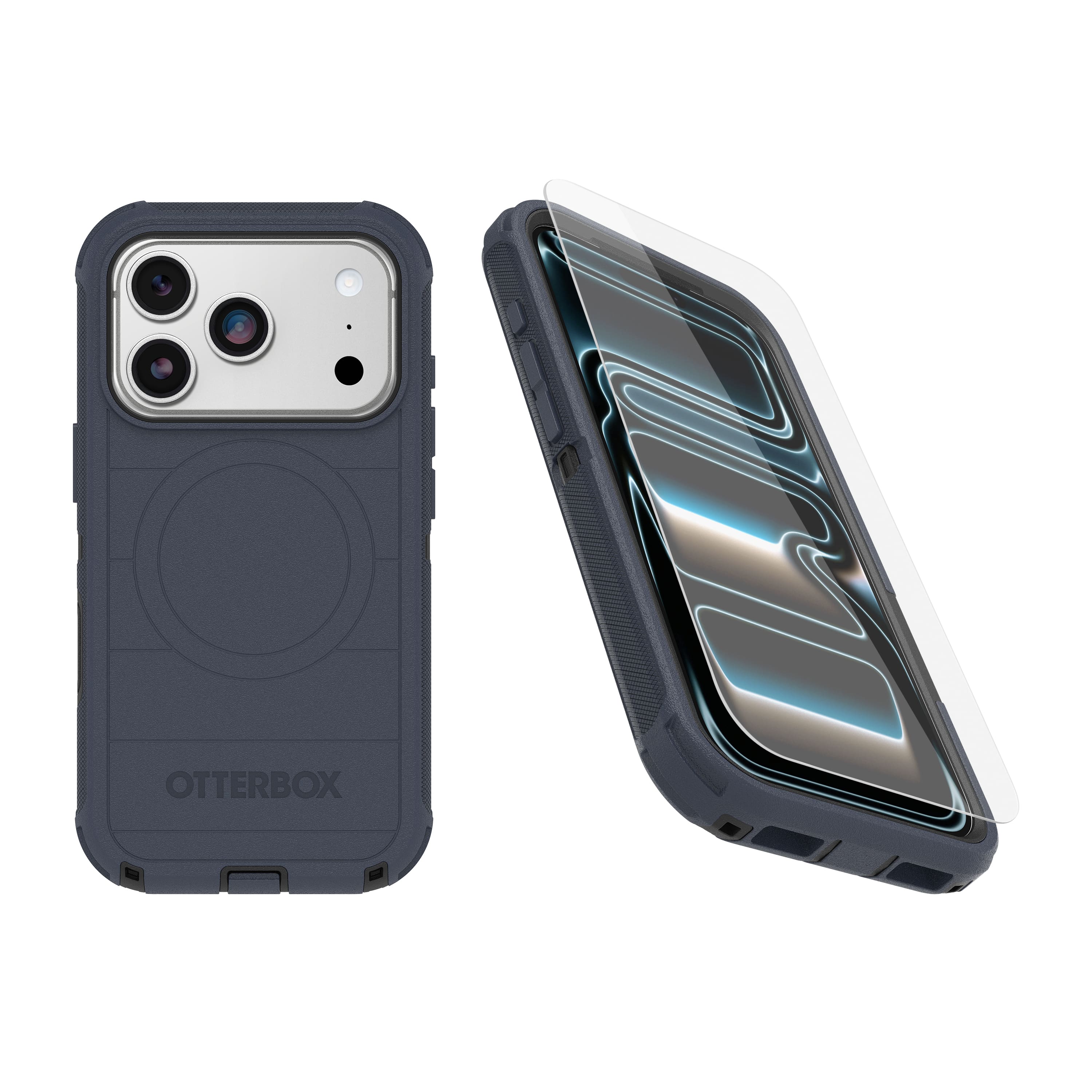 OtterBox - iPhone 17 Pro (Only) Bundle: Defender Series Case & Screen Protector - Case Only - Rugged - Snaps on MagSafe - Vintage Indigo Dream (Blue & Black)