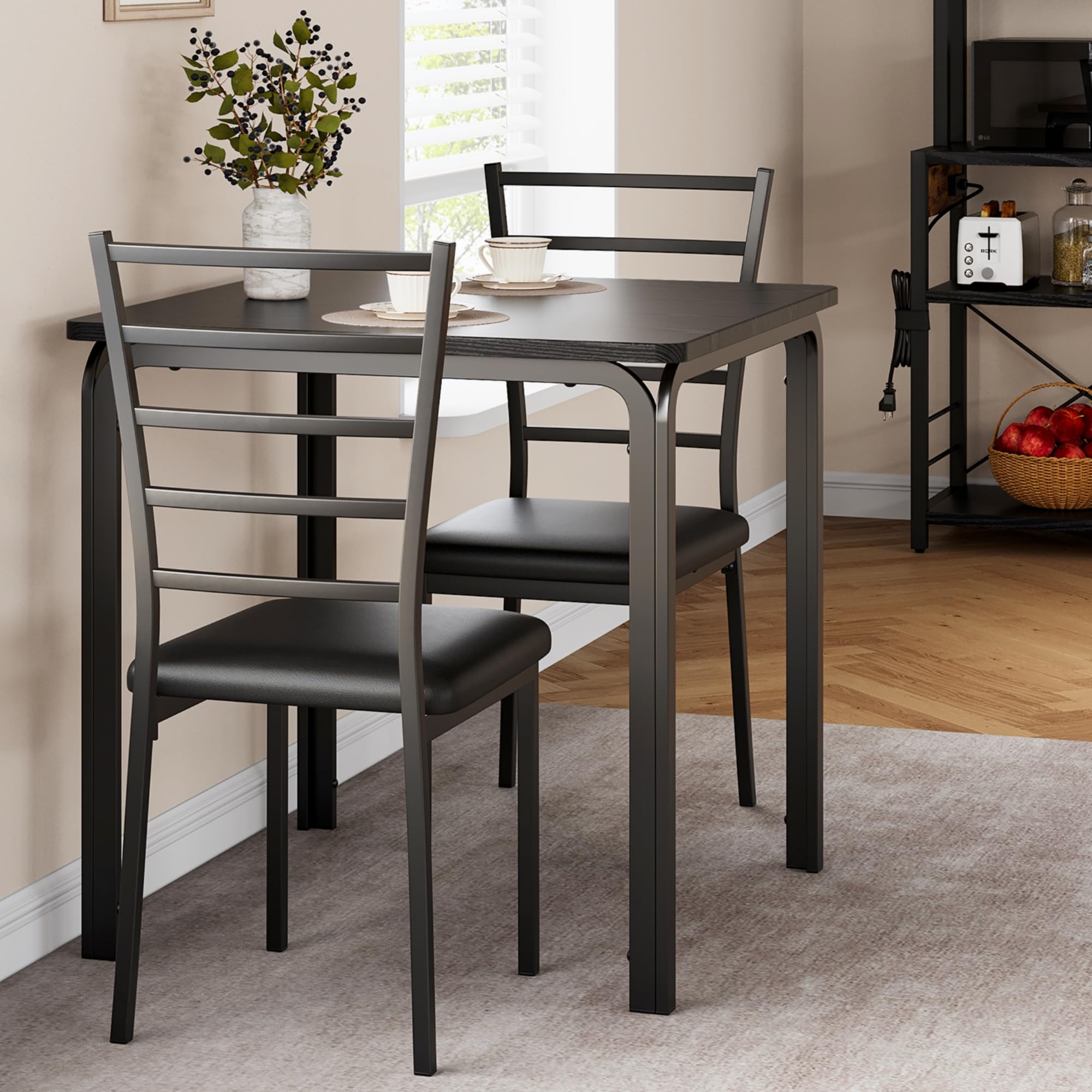 Left. Homhougo - Dining Table Set for 2, 3 Piece Small Space Dining Set Square Table with 2 Upholstered Chairs - Black.