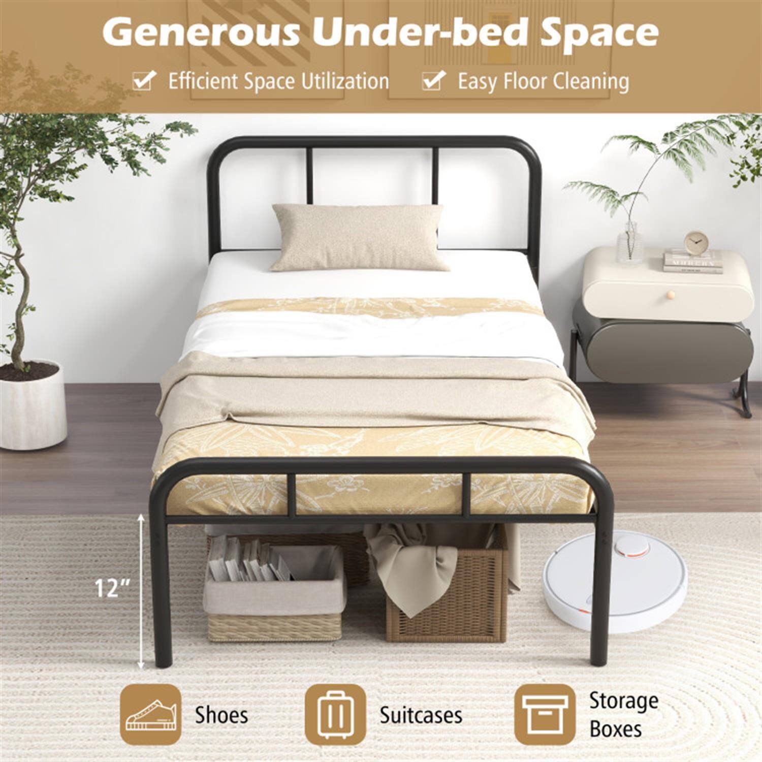 Generous Under-bed Space  
Efficient Space Utilization  
Easy Floor Cleaning  

12"  
Shoes  
Suitcases  
Storage Boxes