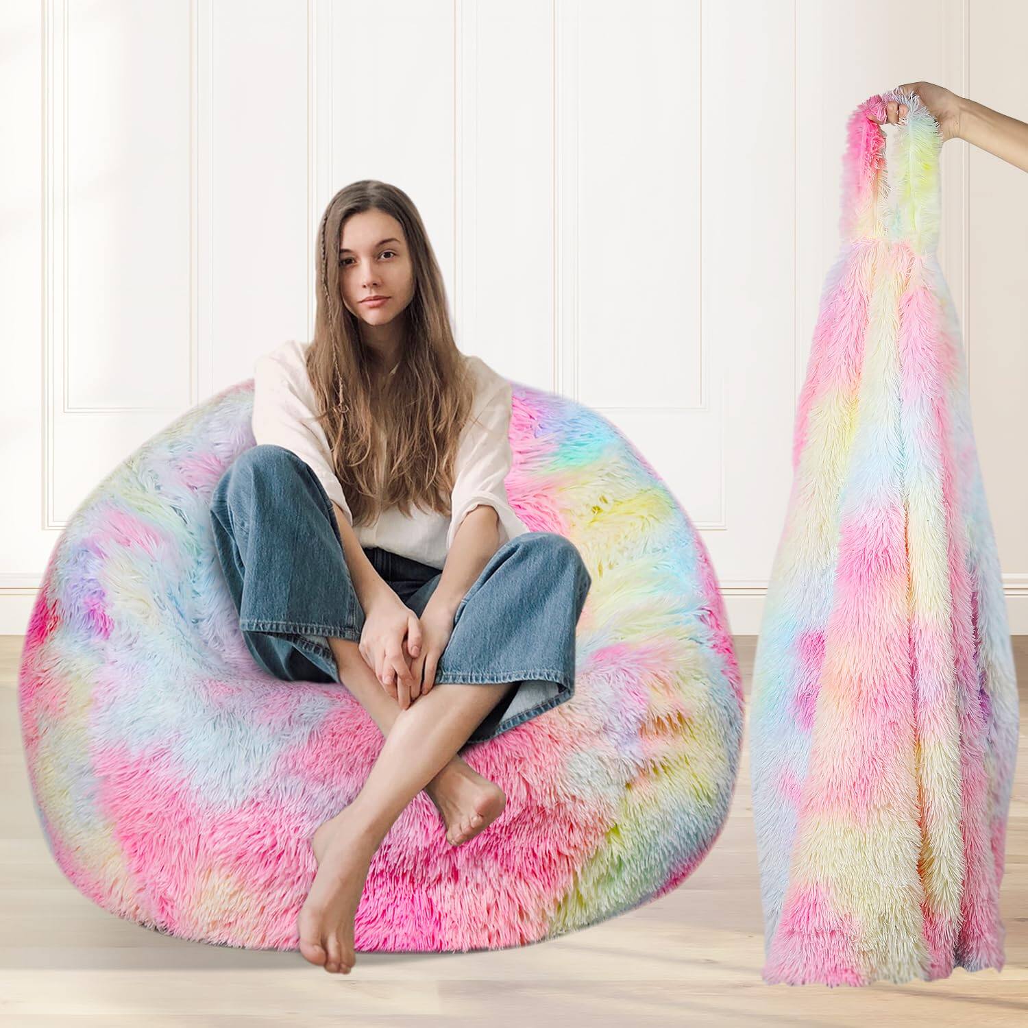 PO3TICJUNKI3 - Fluffy Faux Bean Bag Chair Cover For Living Room no Filler Chairs Kids teens Furry Anti slip Organizing Plu - Rainbow